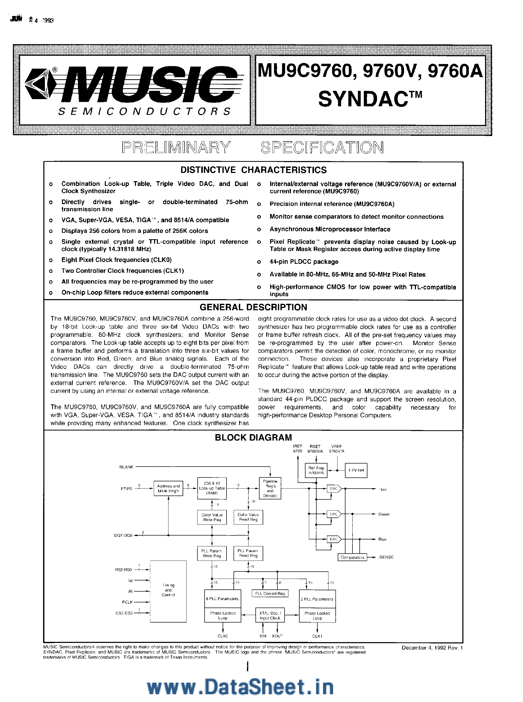 Datasheet MU9C9760 - D/A CONVERTER / 6-Bit CMOS page 1