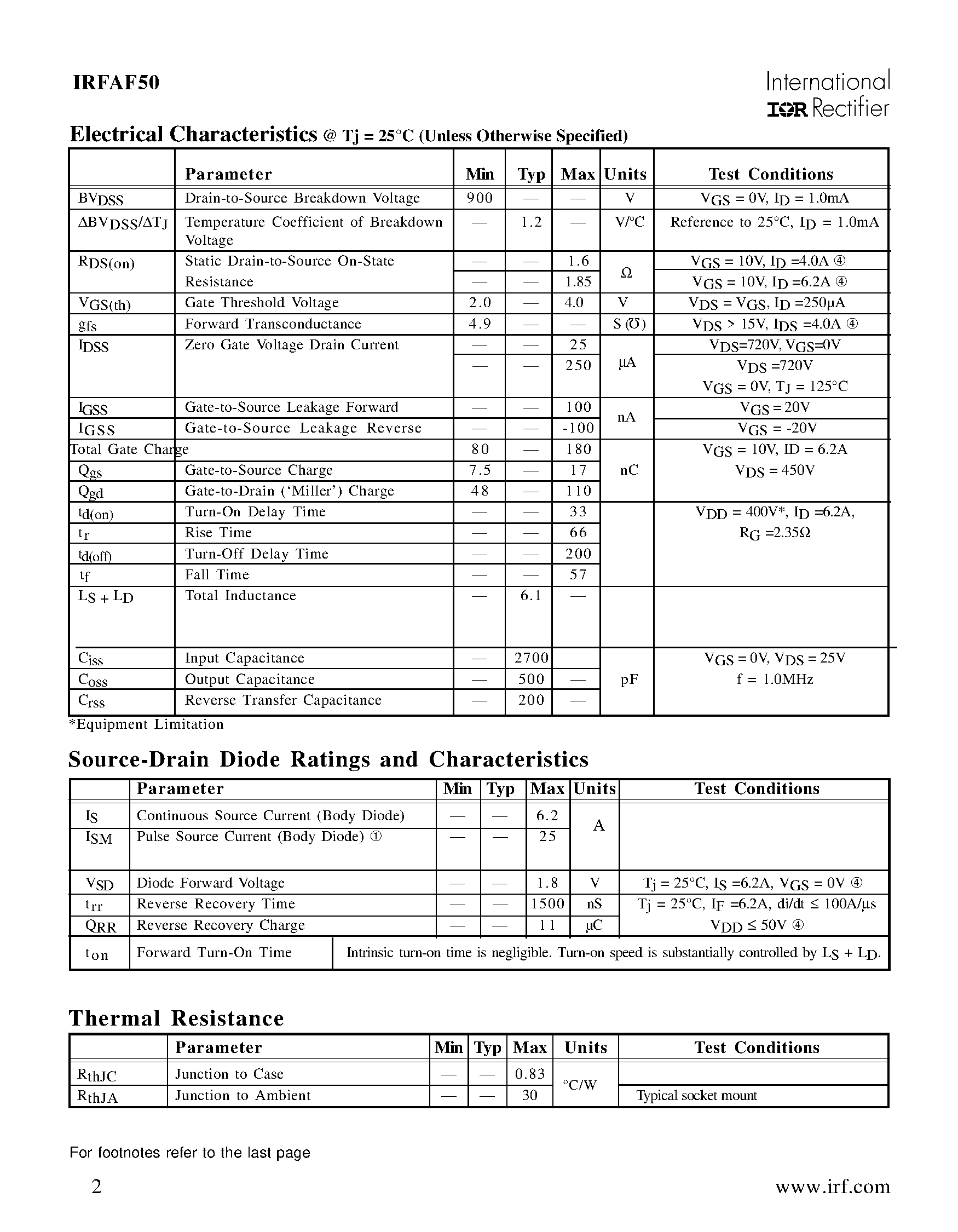 Datasheet IRFAF50 - REPETITIVE AVALANCHE AND dv/dt RATED HEXFET TRANSISTORS page 2