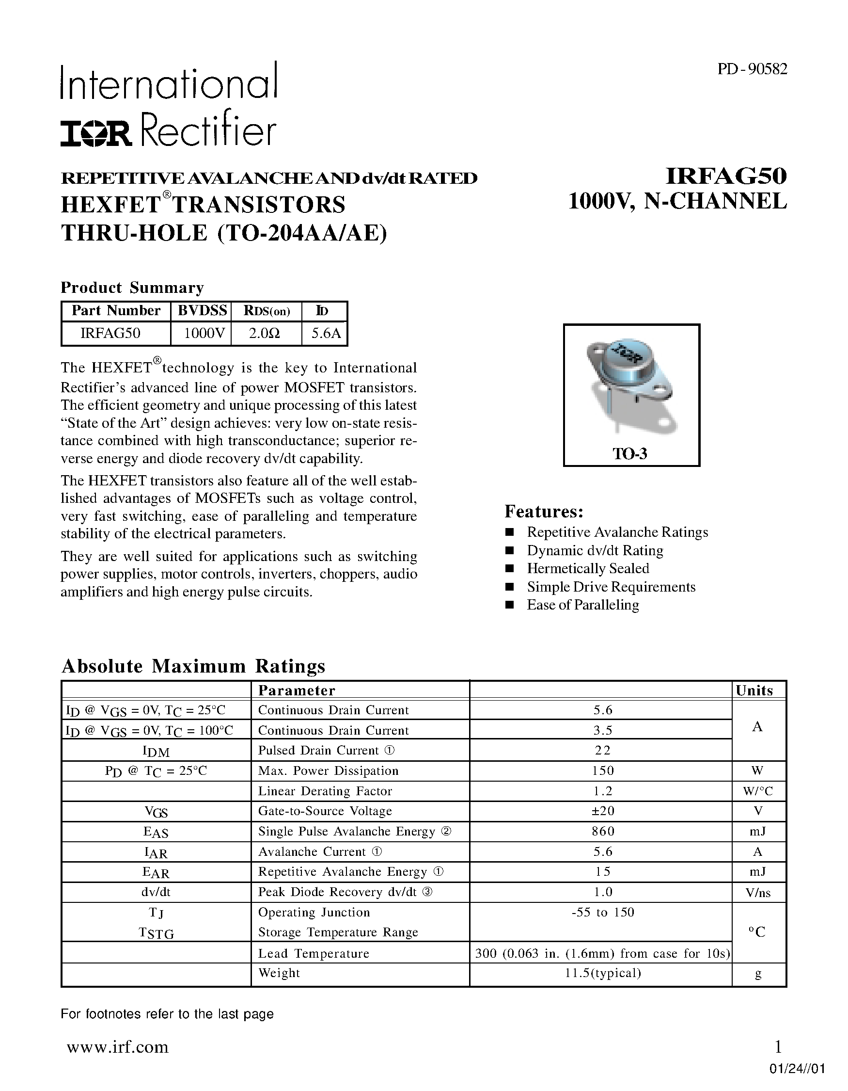 Datasheet IRFAG50 - REPETITIVE AVALANCHE AND dv/dt RATED HEXFET TRANSISTORS THRU-HOLE (TO-204AA/AE) page 1