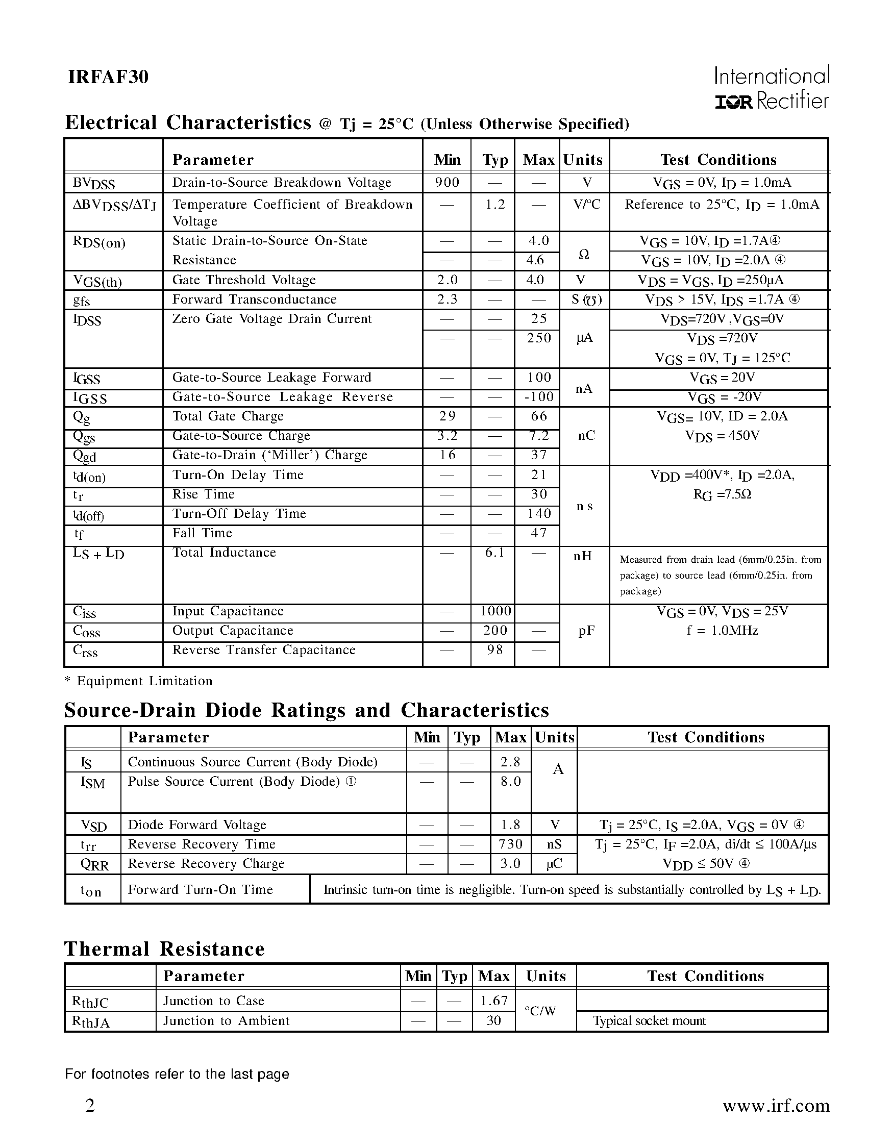 Datasheet IRFAF30 - HEXFET TRANSISTORS THRU-HOLE (TO-204AA/AE) page 2