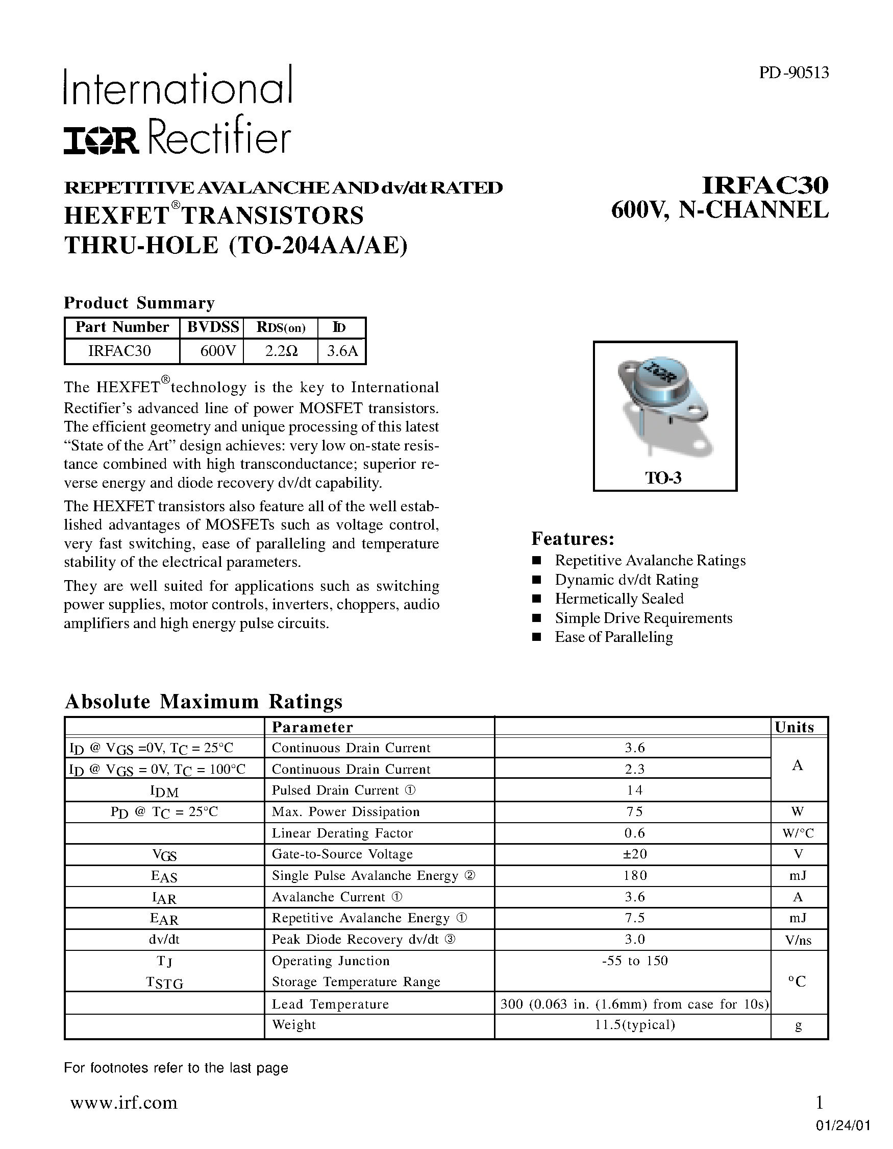 Datasheet IRFAC30 - REPETITIVE AVALANCHE AND dv/dt RATED HEXFET TRANSISTORS THRU-HOLE (TO-204AA/AE) page 1