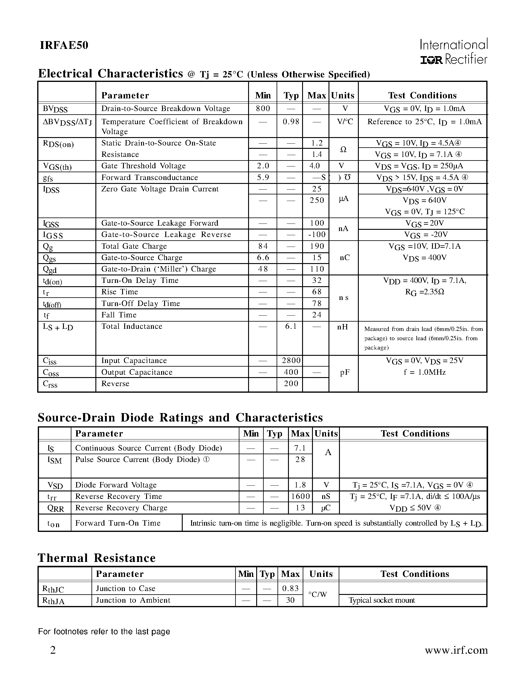 Datasheet IRFAE50 - HEXFET TRANSISTORS THRU-HOLE (TO-204AA/AE) page 2