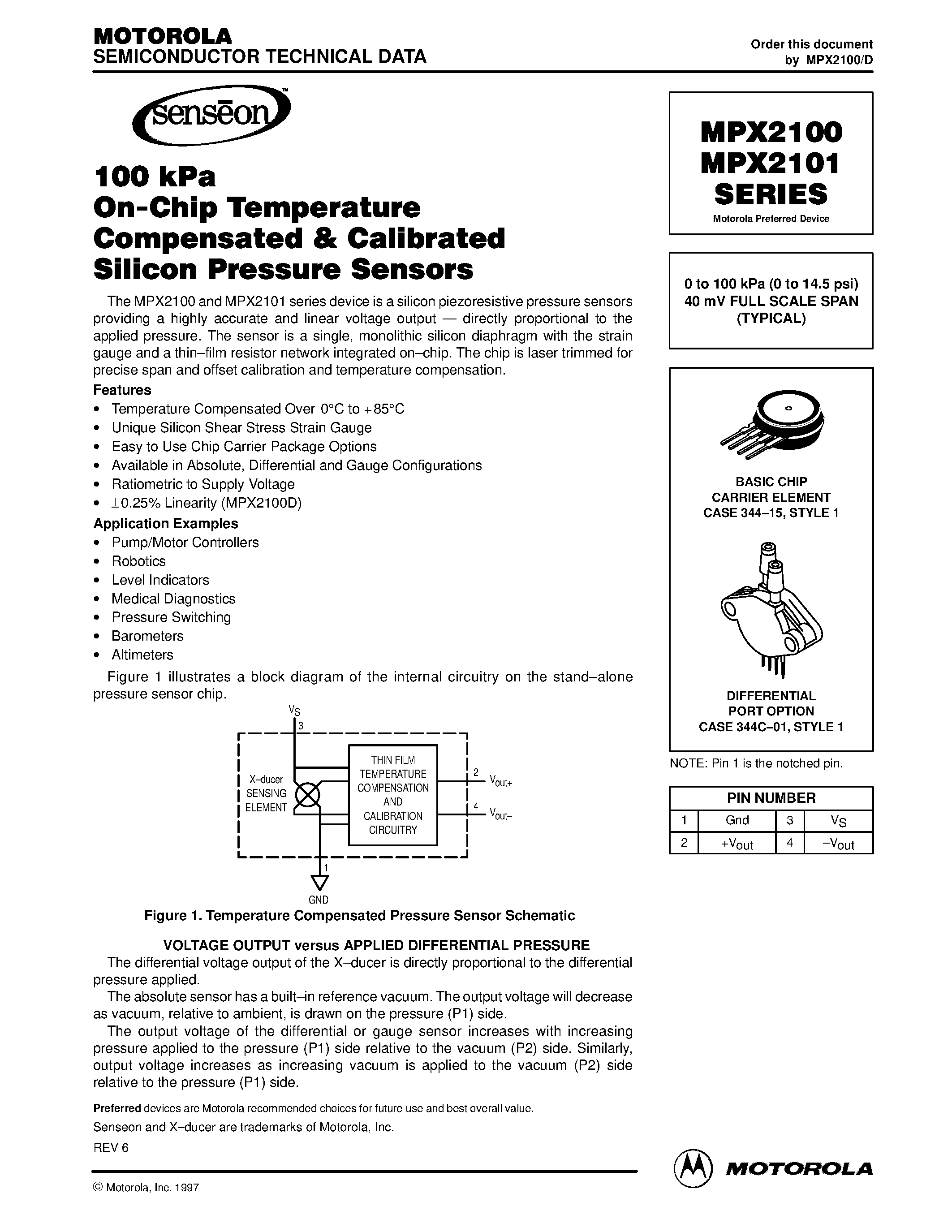 Datasheet MPX2100 - (MPX2100 / MPX2101) 0 to 100 kPa (0 to 14.5 psi) 40 mV FULL SCALE SPAN (TYPICAL) page 1