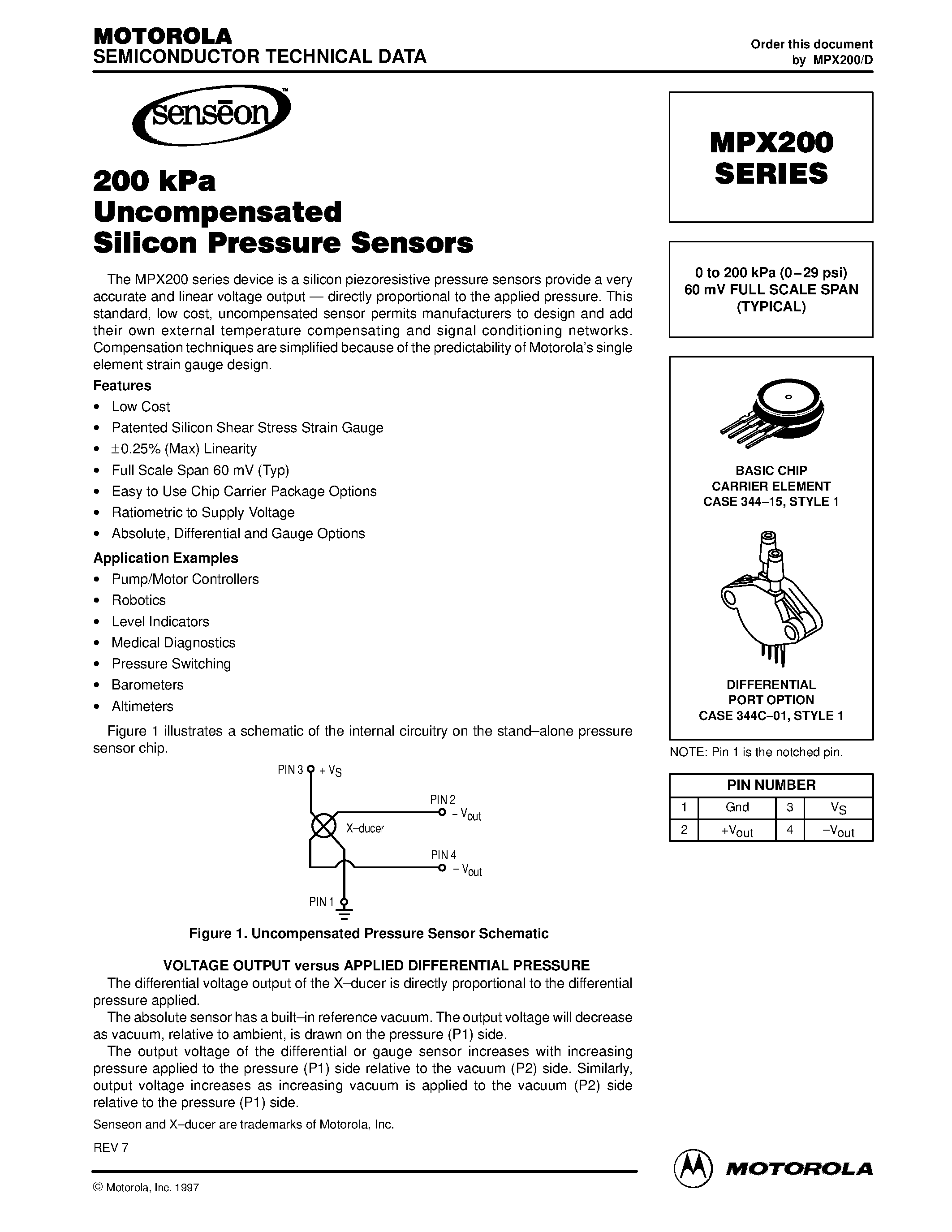 Datasheet MPX200 - 0 to 200 kPa (0-29 psi) 60 mV FULL SCALE SPAN (TYPICAL) page 1