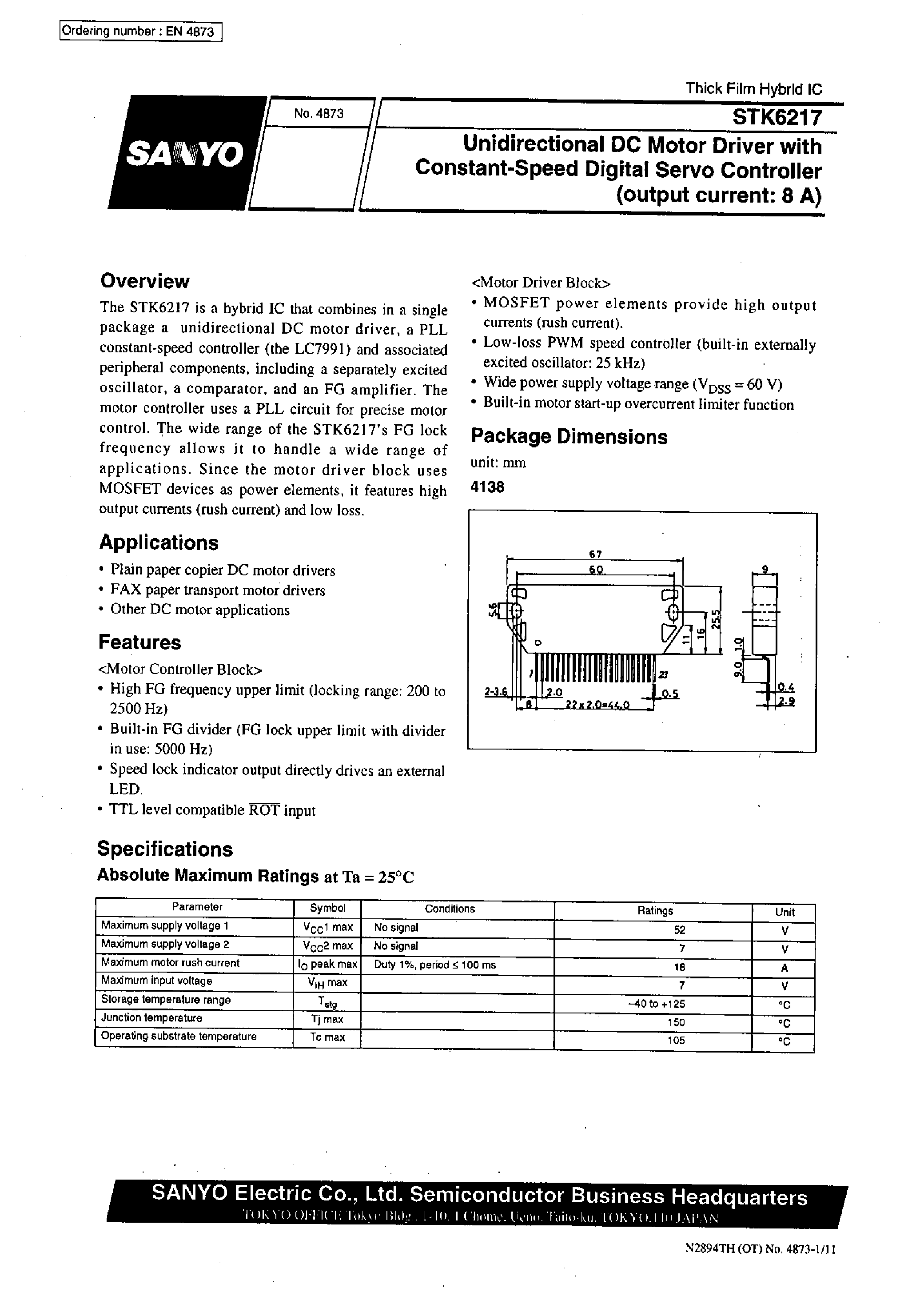 Datasheet STK6217 page 1 Datasheet STK6217 - Unidirectional DC Motor Driver with Constant-Speed Digital Servo Controller(output current:8A) page 1