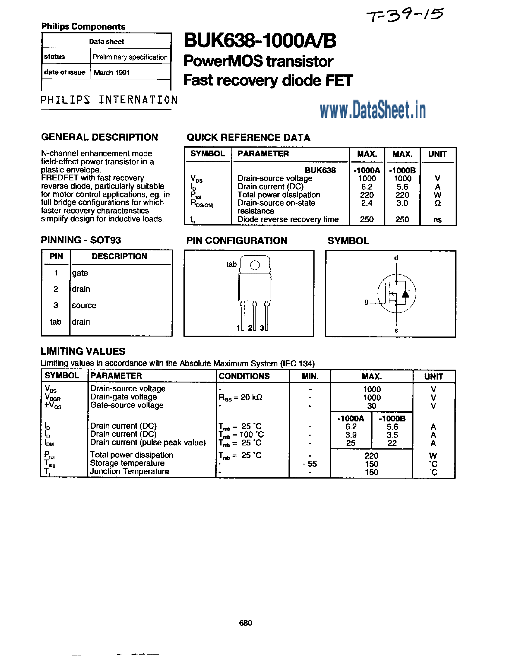 Datasheet BUK638-1000 page 1 Datasheet BUK638-1000 - PowerMOS Transistor / Fast Recovery Diode FET page 1