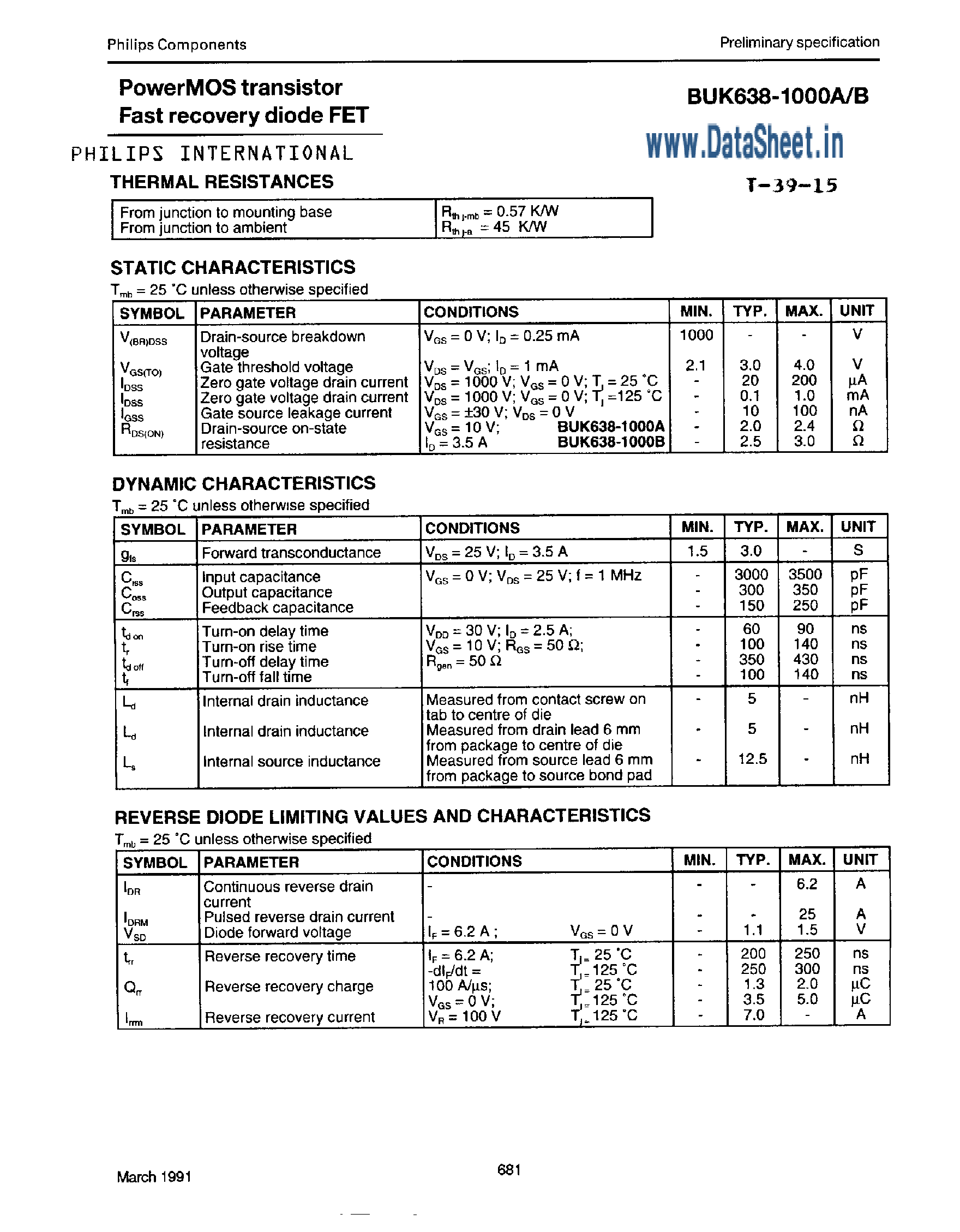 Datasheet BUK638-1000 page 2 Datasheet BUK638-1000 - PowerMOS Transistor / Fast Recovery Diode FET page 2