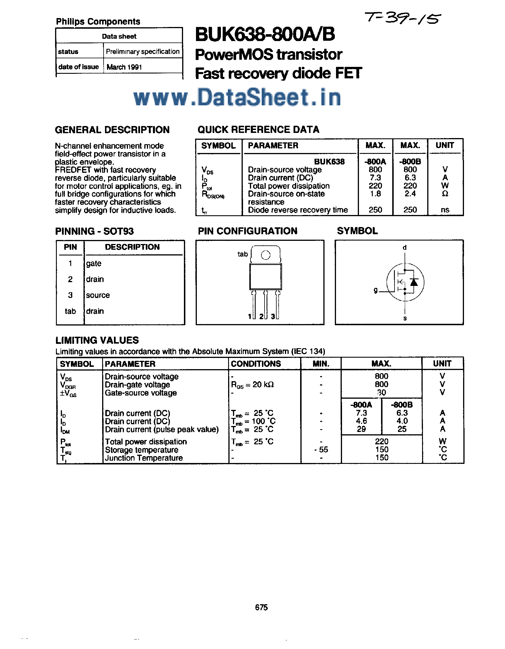 Datasheet BUK638-800 page 1 Datasheet BUK638-800 - PowerMOS Transistor / Fast Recovery Diode FET page 1