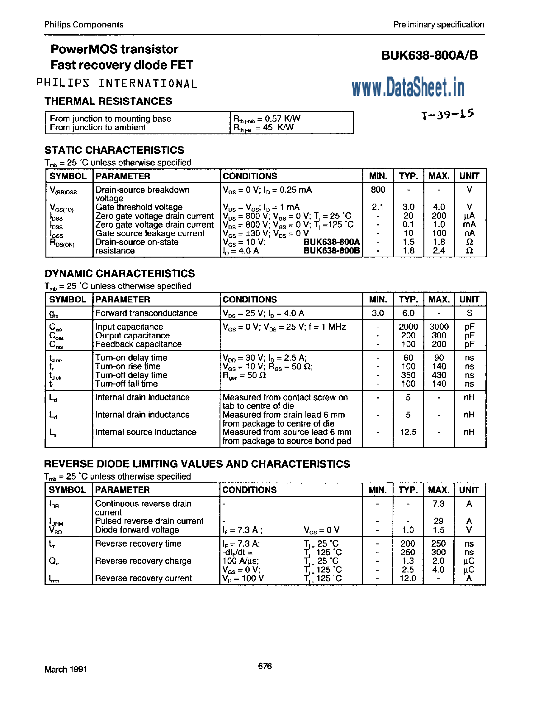 Datasheet BUK638-800 page 2 Datasheet BUK638-800 - PowerMOS Transistor / Fast Recovery Diode FET page 2