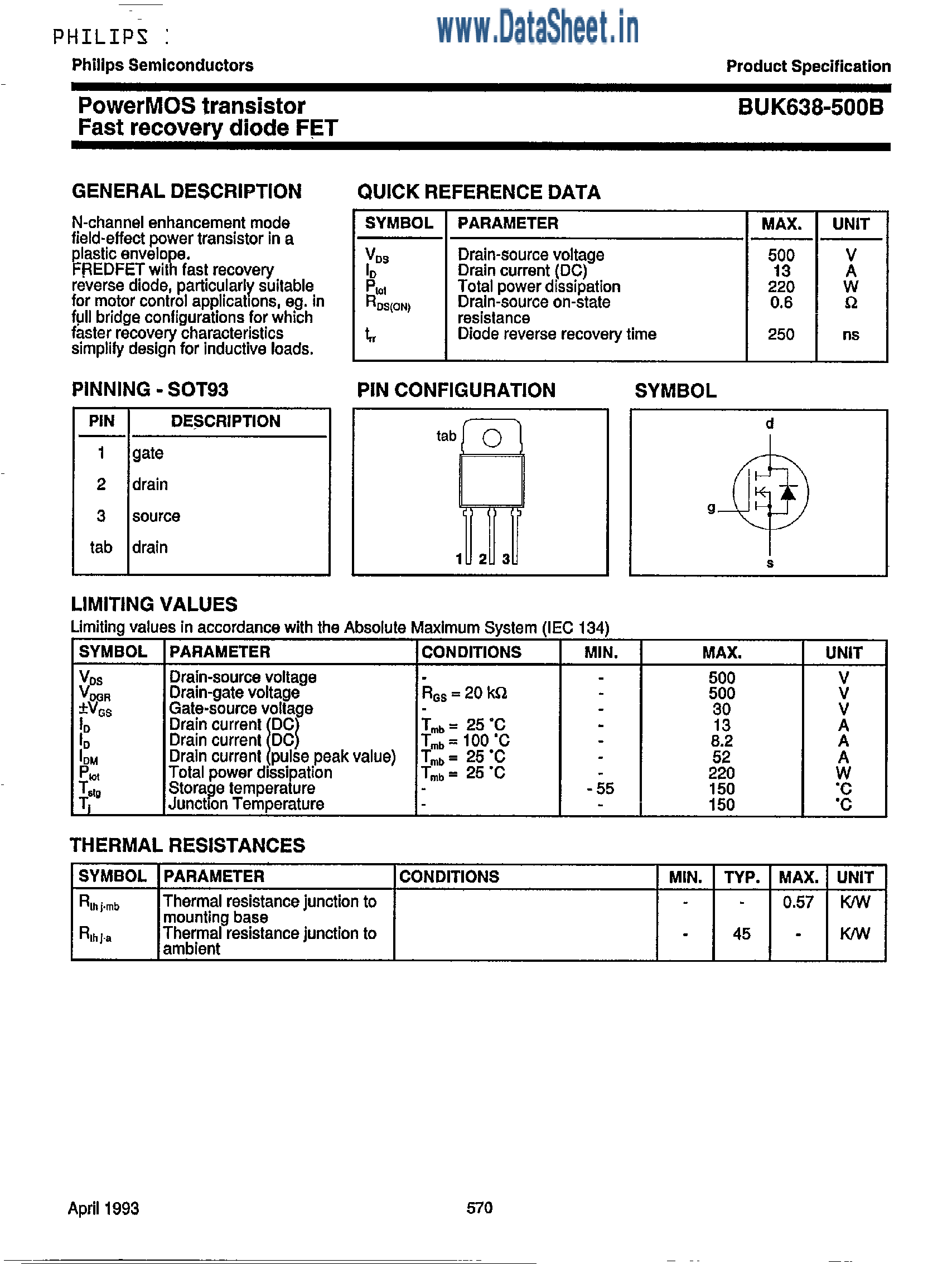 Datasheet BUK638-500B page 1 Datasheet BUK638-500B - PowerMOS Transistor / Fast Recovery Diode FET page 1