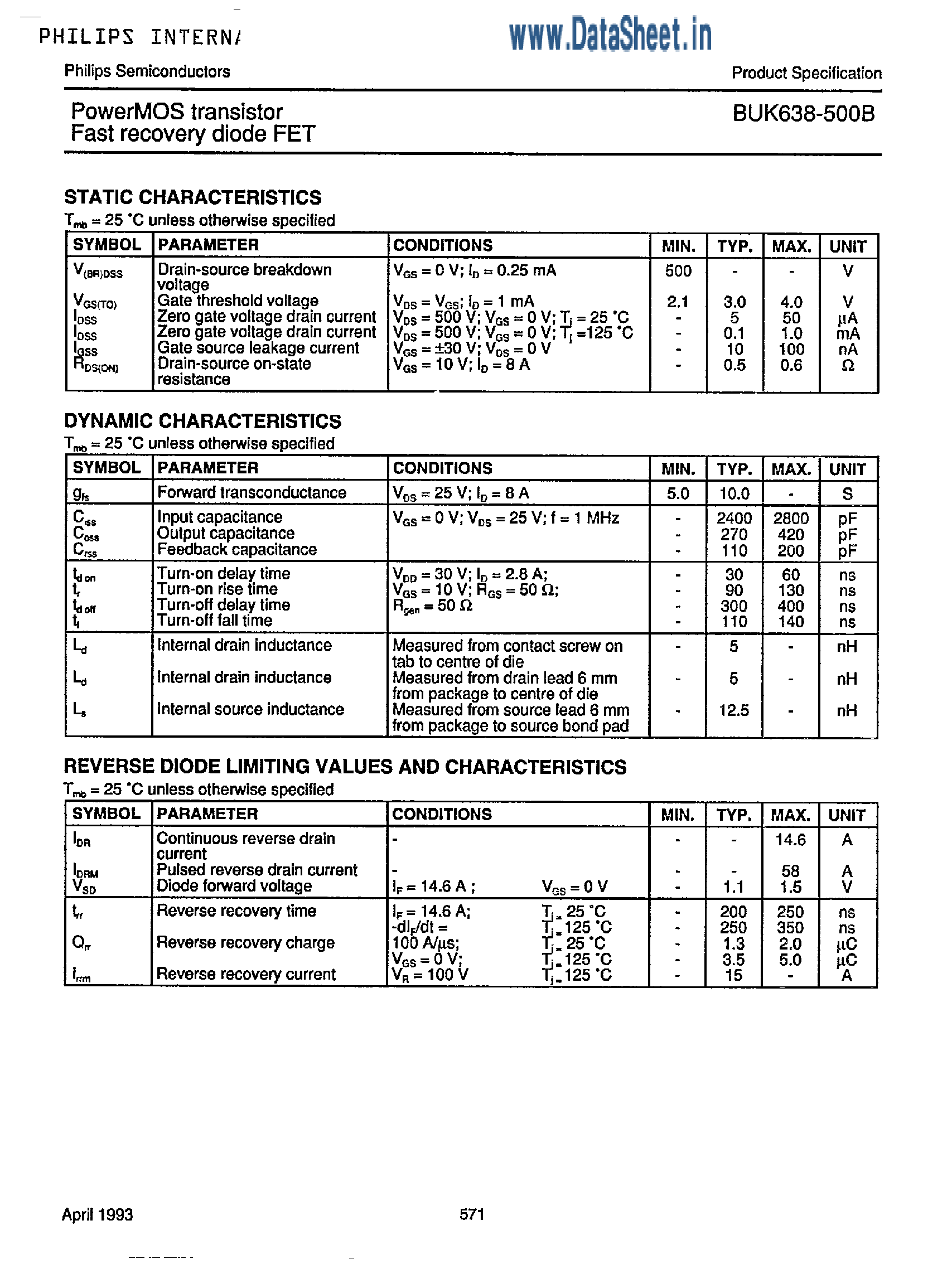 Datasheet BUK638-500B page 2 Datasheet BUK638-500B - PowerMOS Transistor / Fast Recovery Diode FET page 2