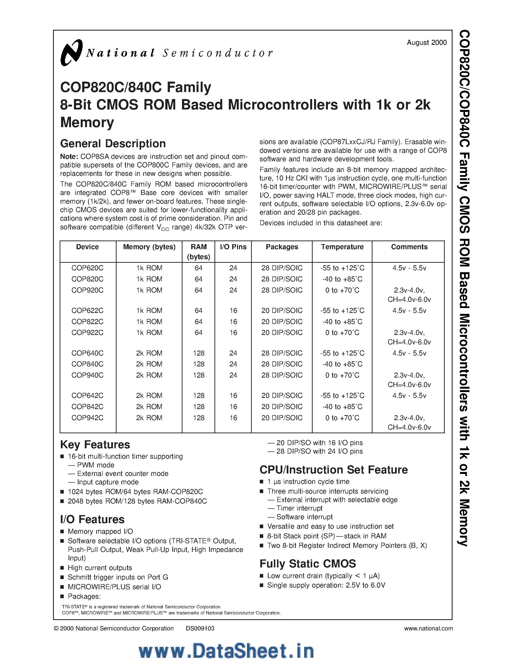 Даташит на микросхему COP840C страница 1 Даташит COP840C - 8-Bit CMOS ROM Based Microcontrollers страница 1