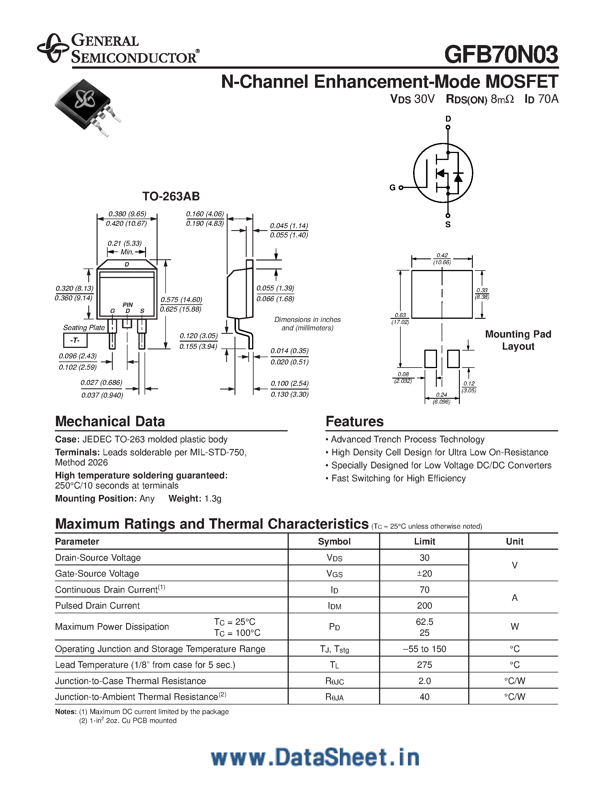 Datasheet GFB70N03 - N-Channel Enhancement-Mode MOSFET page 1