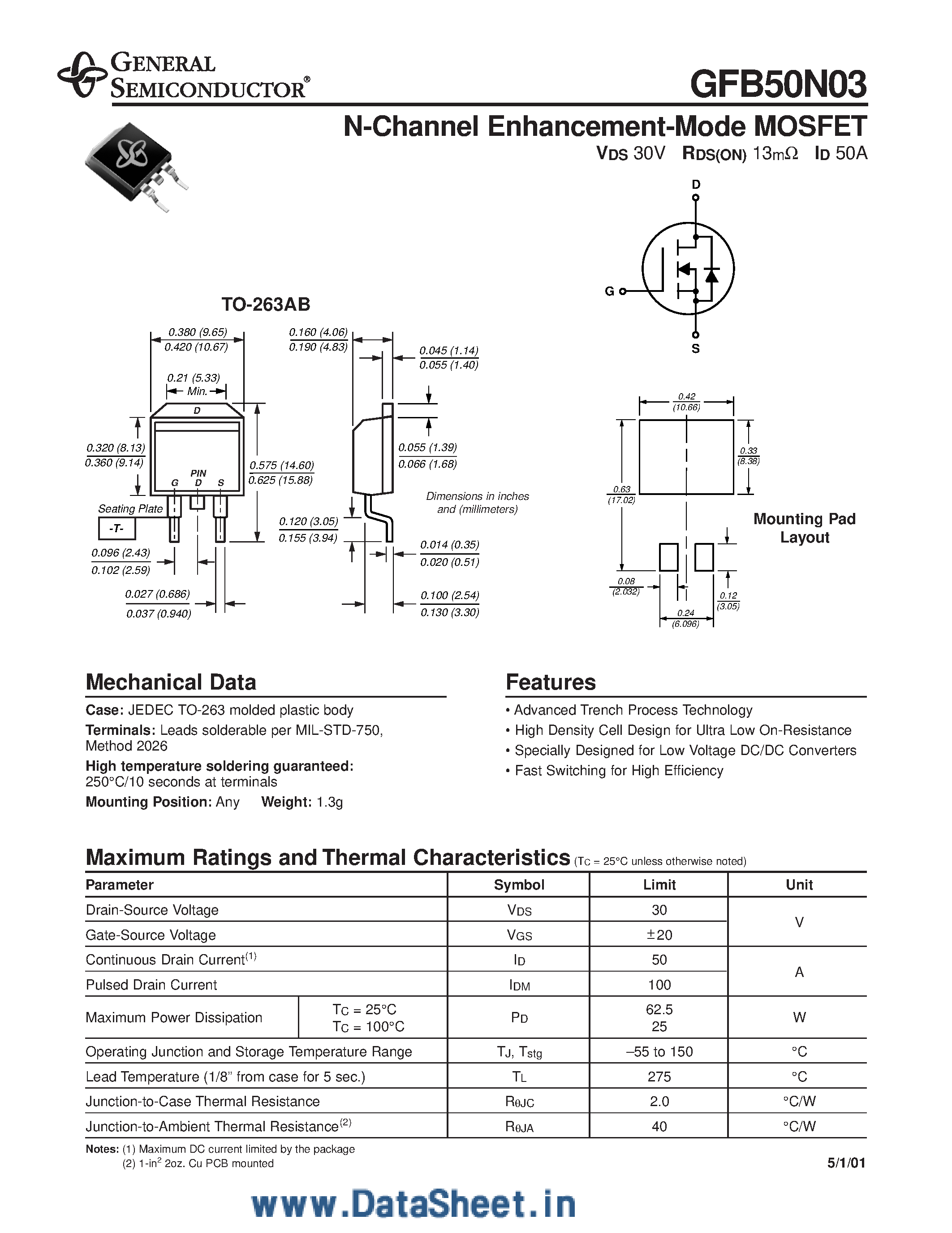 Datasheet GFB50N03 - N-Channel Enhancement-Mode MOSFET page 1