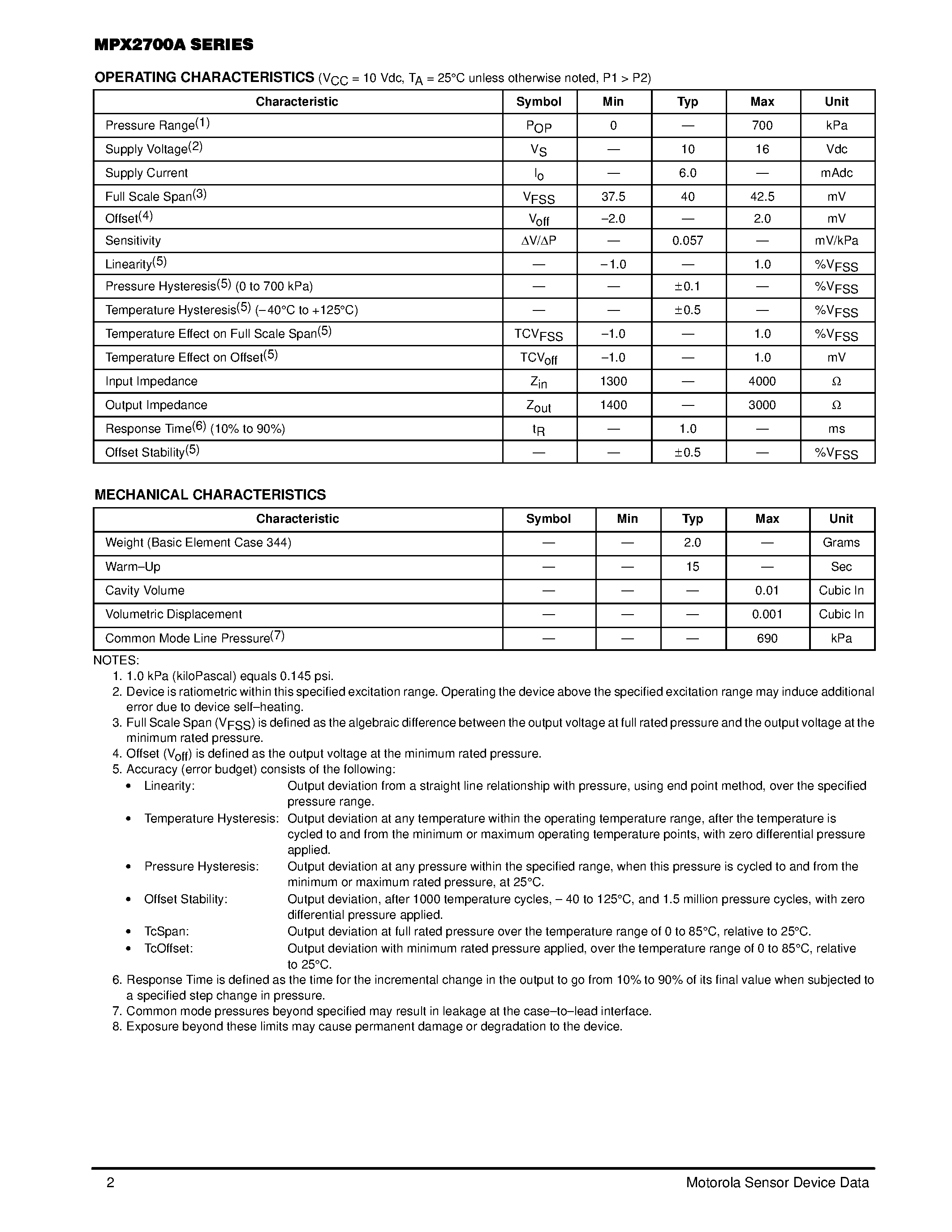 Datasheet MPX2700A - X-ducer SILICON PRESSURE SENSORS page 2