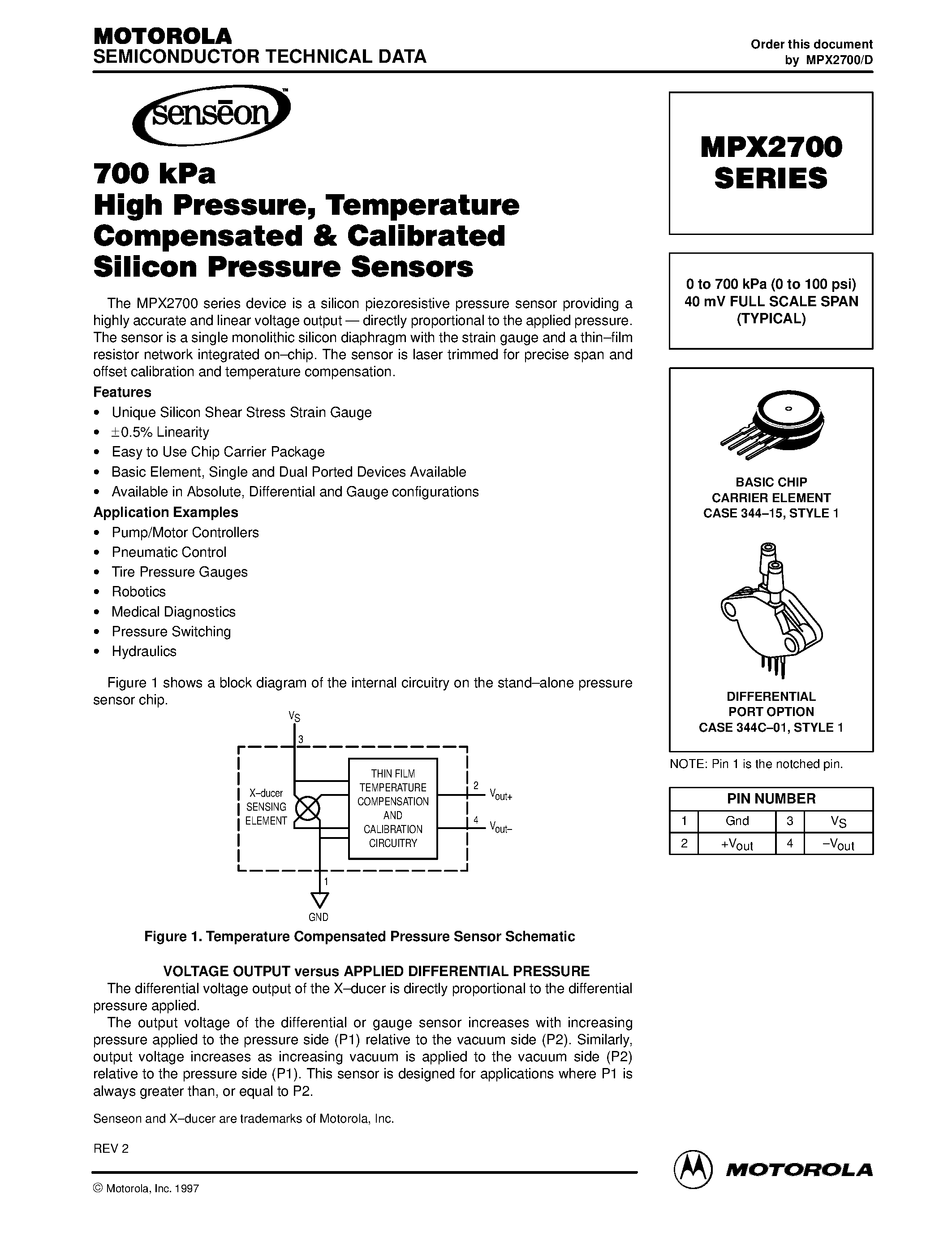 Datasheet MPX2700 - 0 to 700 kPa (0 to 100 psi) 40 mV FULL SCALE SPAN (TYPICAL) page 1