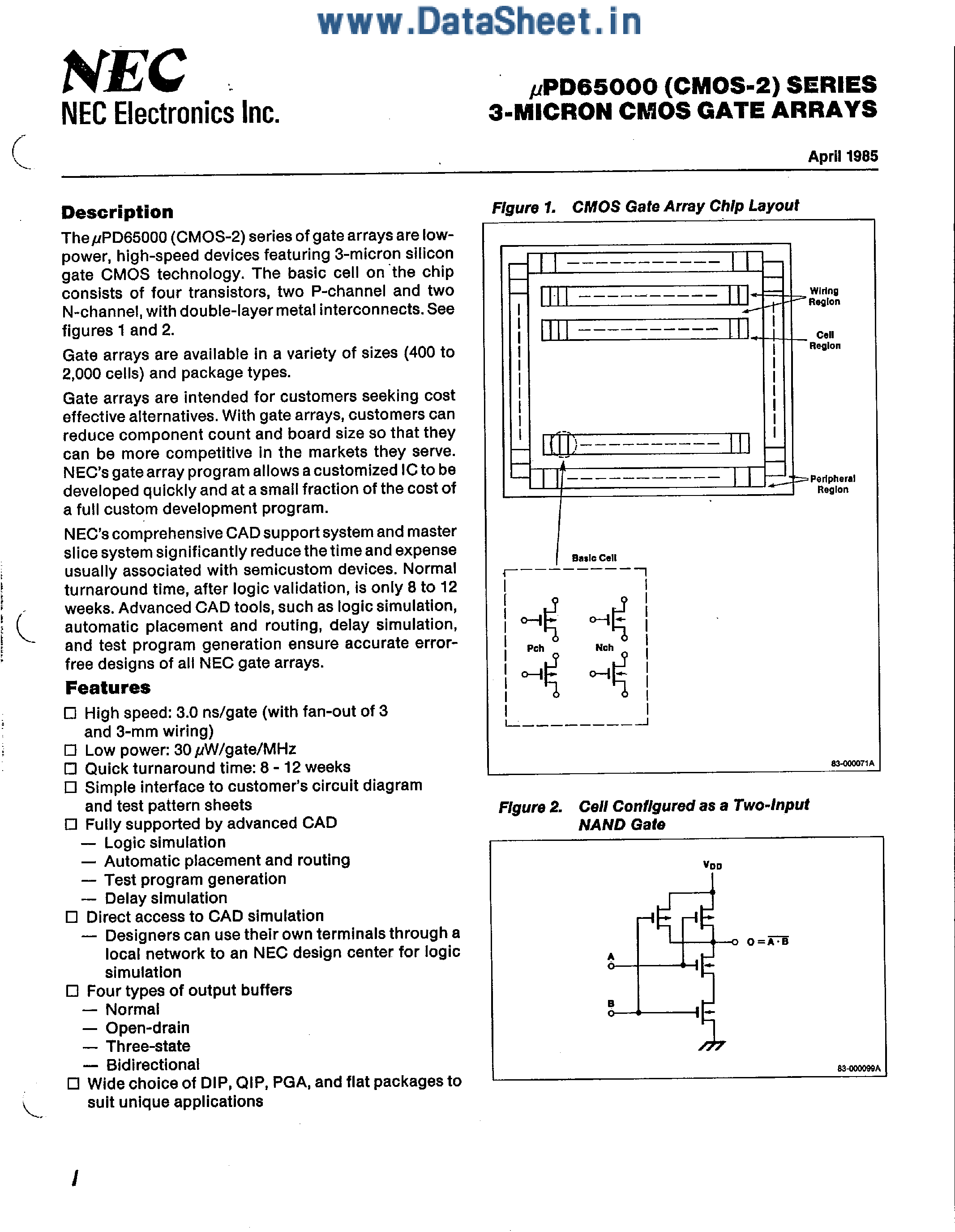 Datasheet UPD6500x page 1 Datasheet UPD6500x - 3-Micron CMOS Gate Arrays page 1