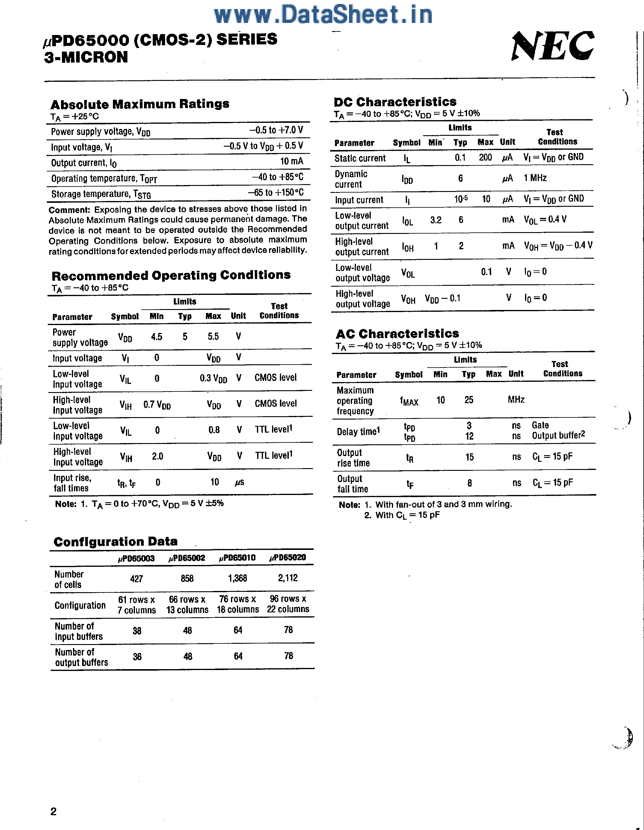 Datasheet UPD6500x page 2 Datasheet UPD6500x - 3-Micron CMOS Gate Arrays page 2