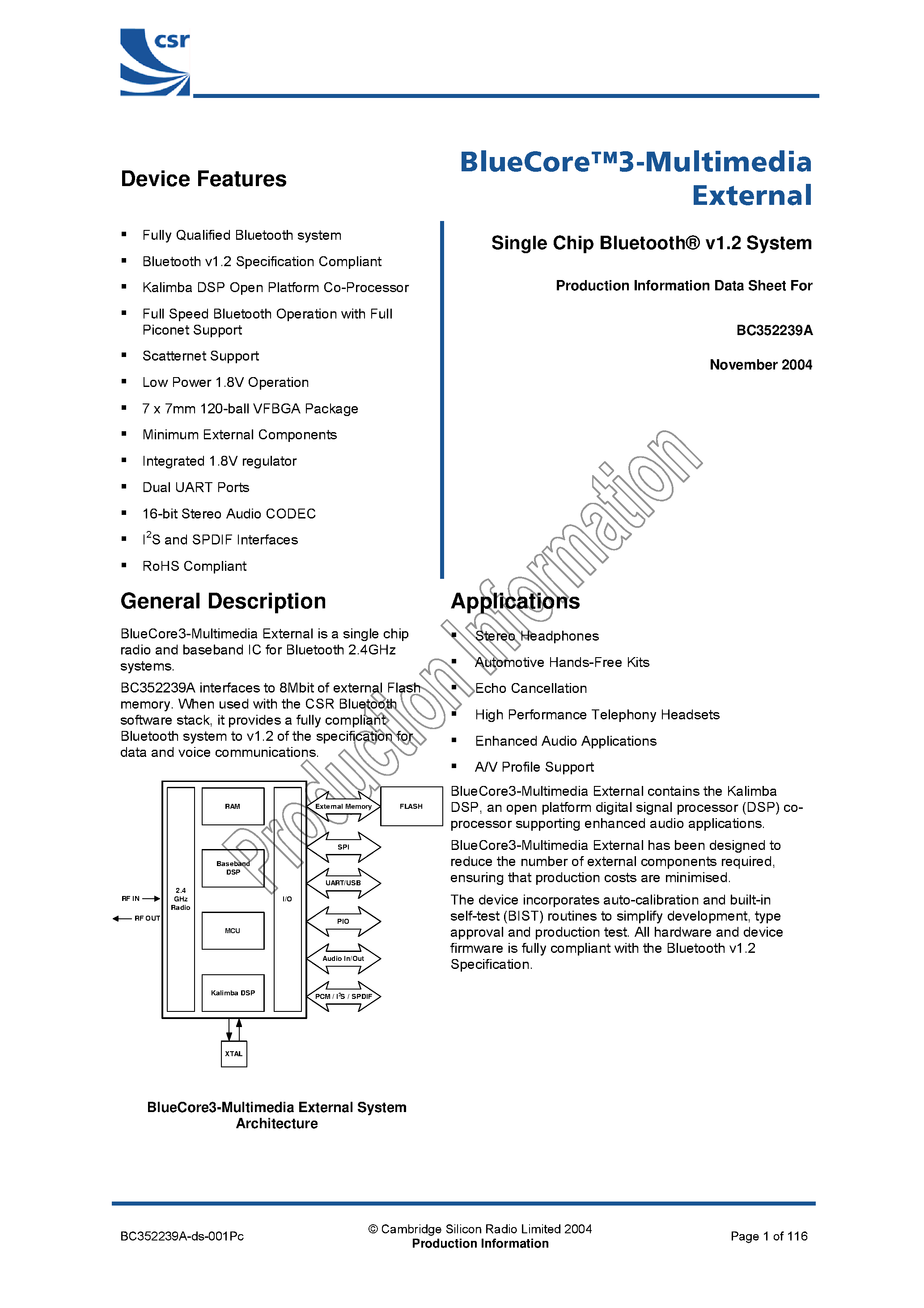 Datasheet BC352239A page 1 Datasheet BC352239A - Single Chip Bluetooth v1.2 System page 1