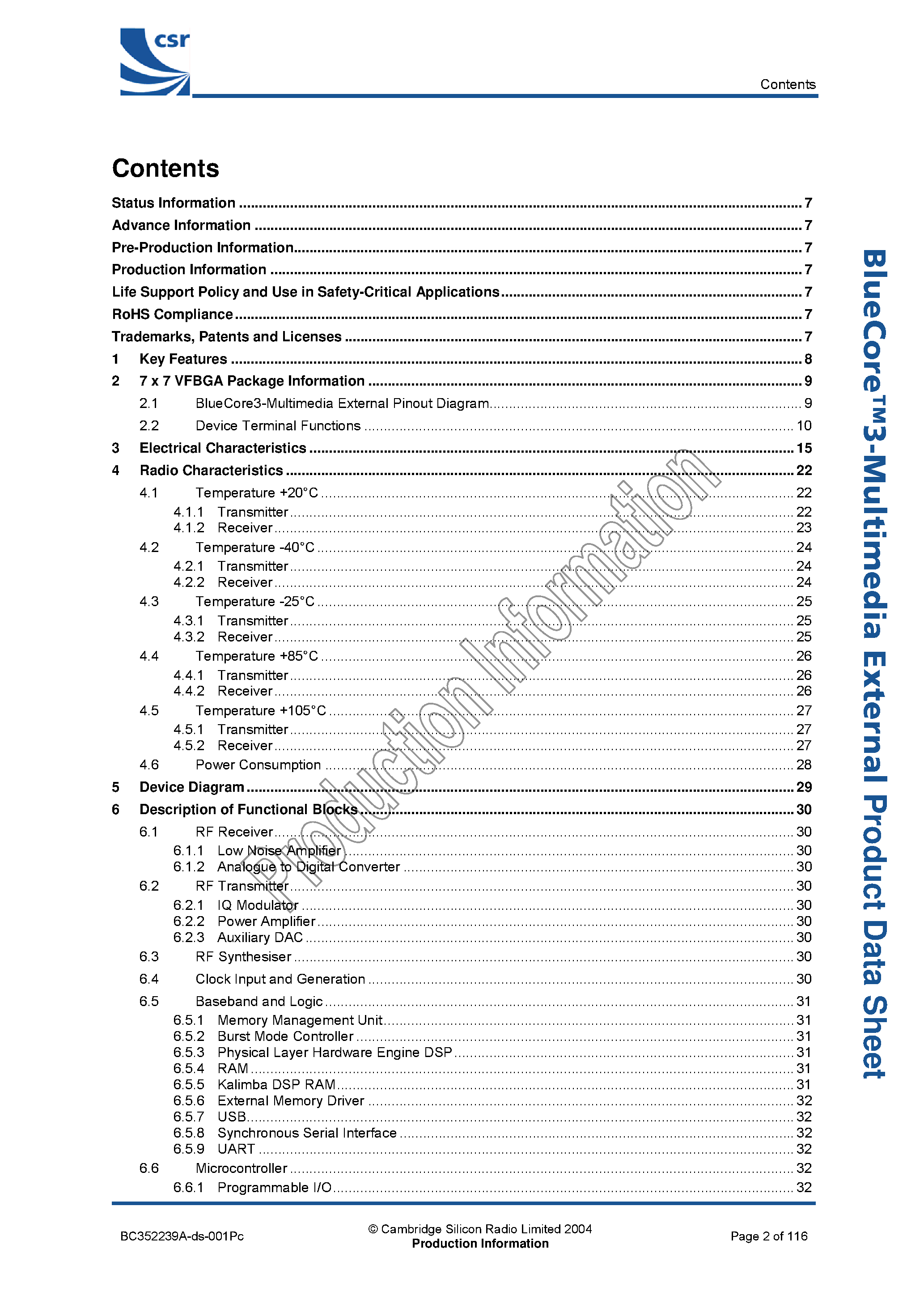 Datasheet BC352239A page 2 Datasheet BC352239A - Single Chip Bluetooth v1.2 System page 2