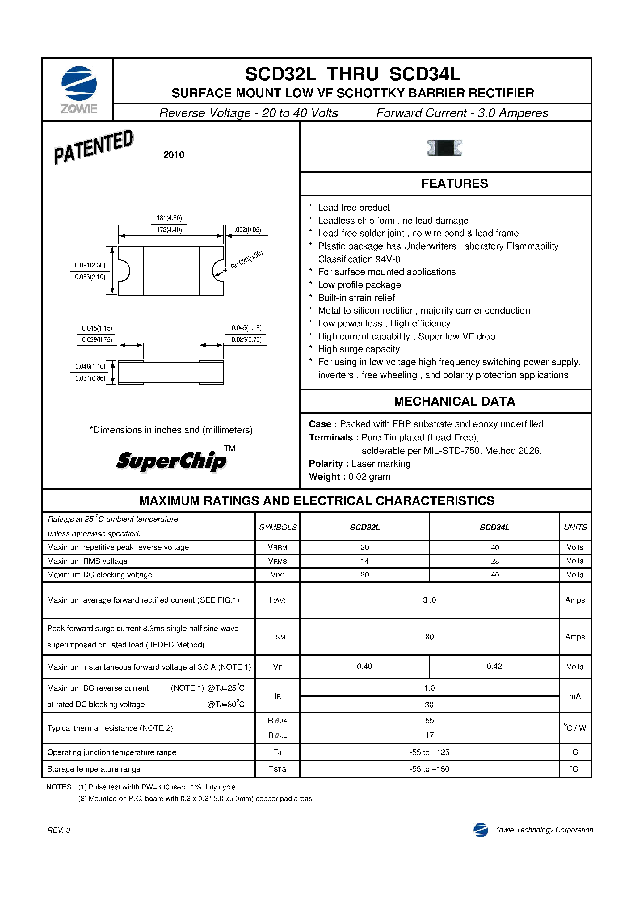 Datasheet SCD32L page 1 Datasheet SCD32L - (SCD32L / SCD34L) Surface Mount Low VF Schottky Barrier Rectifier page 1