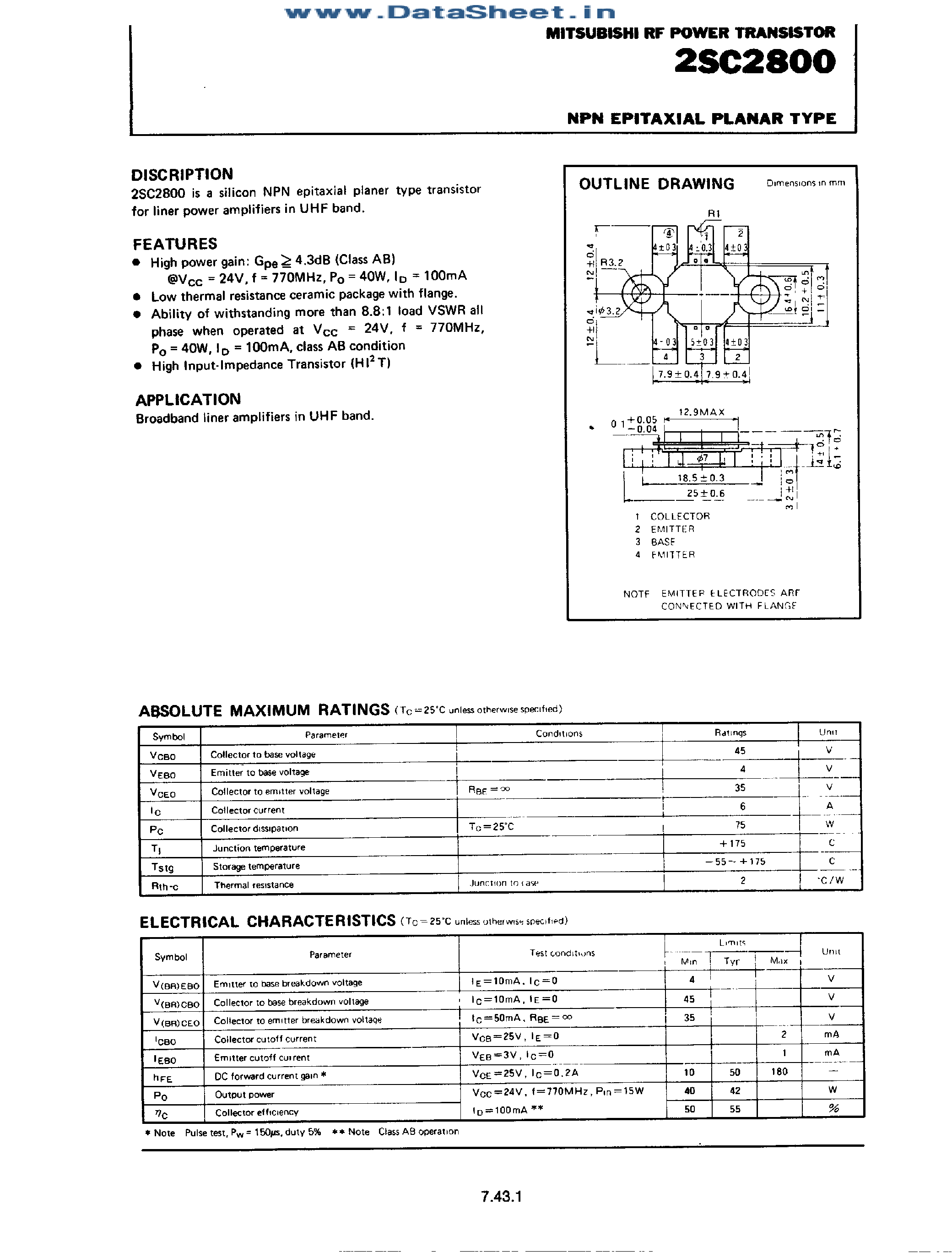 Datasheet 2SC2800 page 1 Datasheet 2SC2800 - NPN Epitaxial Planar Type page 1