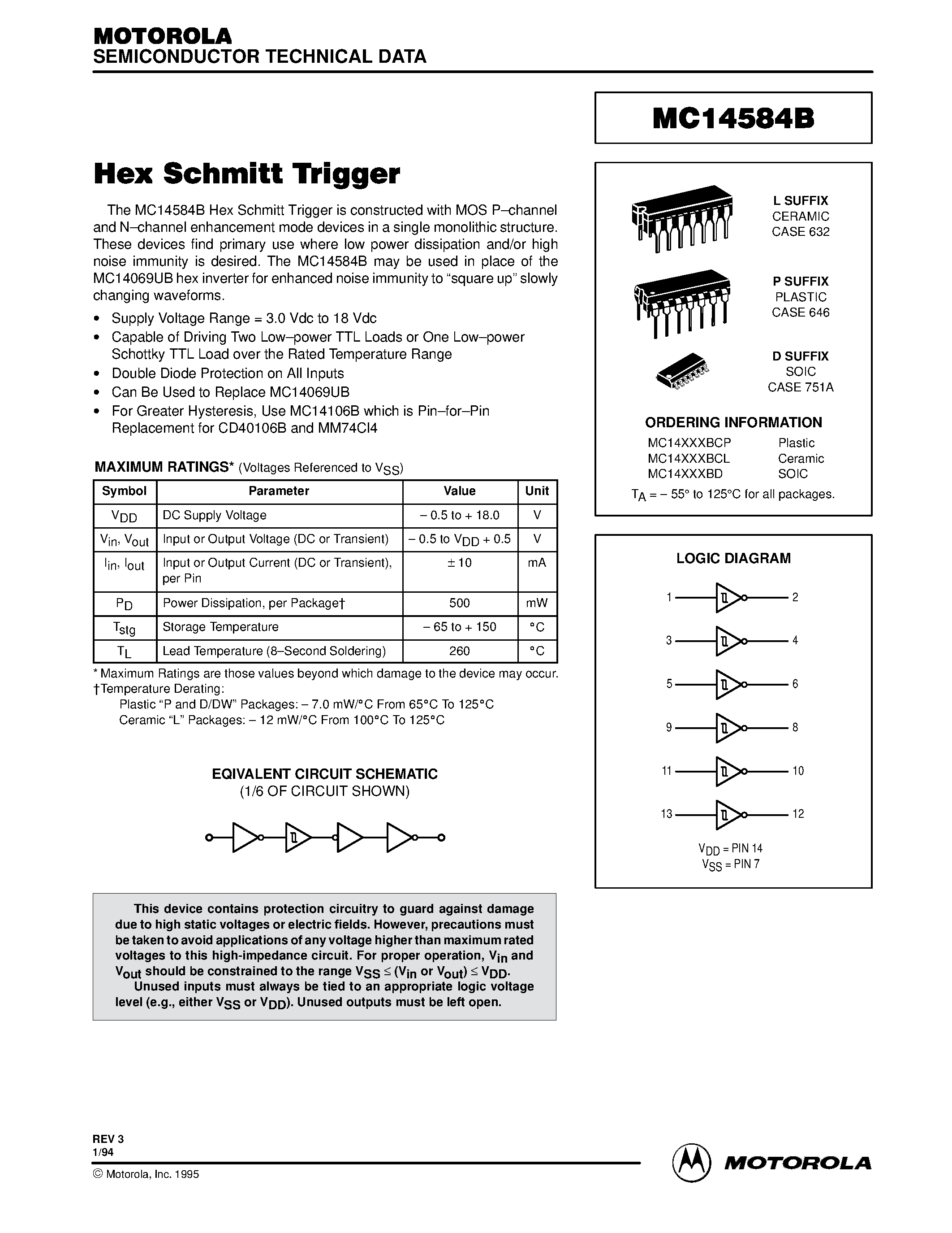 Даташит MC14584B - Hex Schmitt Trigger страница 1