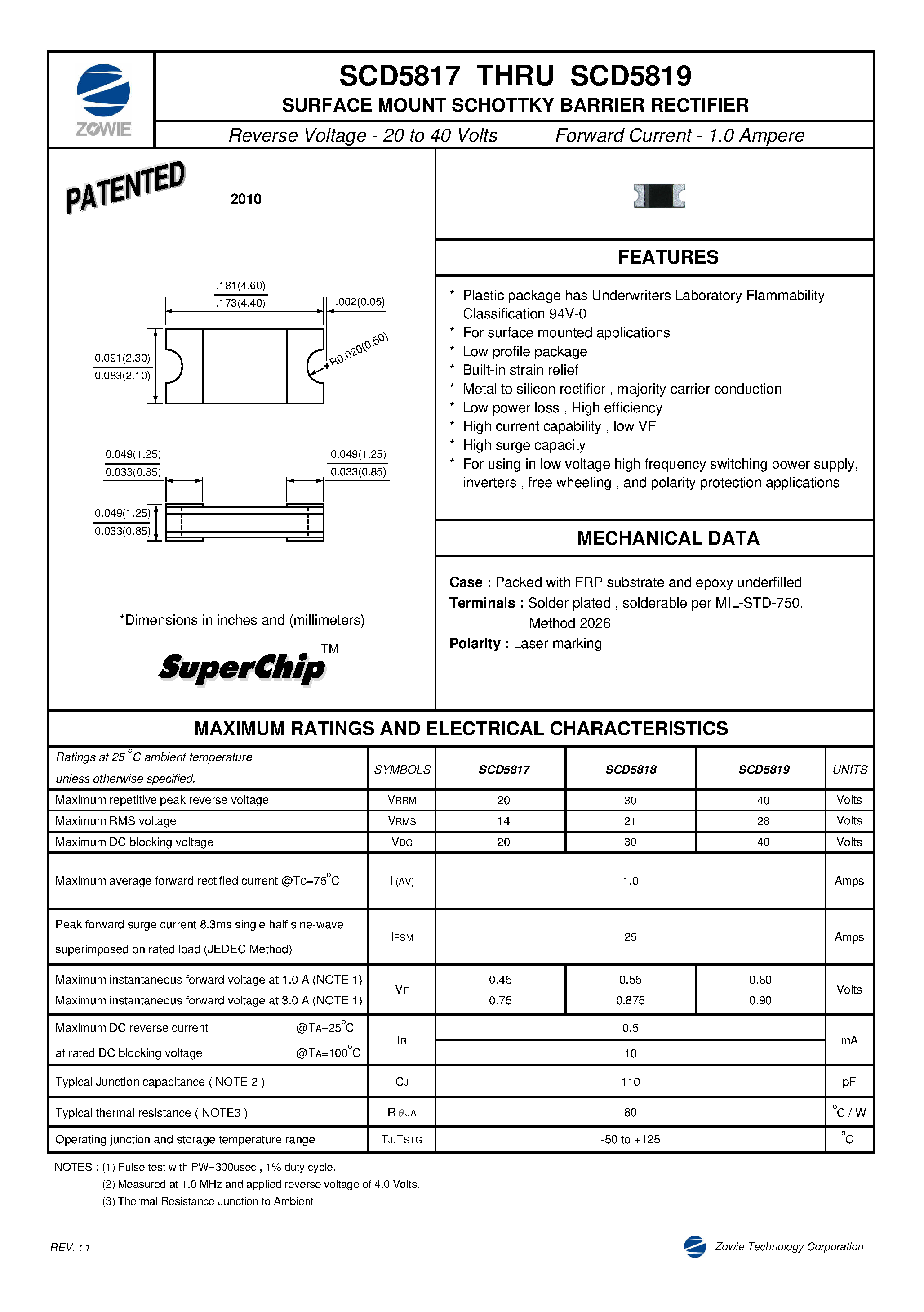 Datasheet SCD5817 - (SCD5817 - SCD5819) SURFACE MOUNT SCHOTTKY BARRIER RECTIFIER page 1