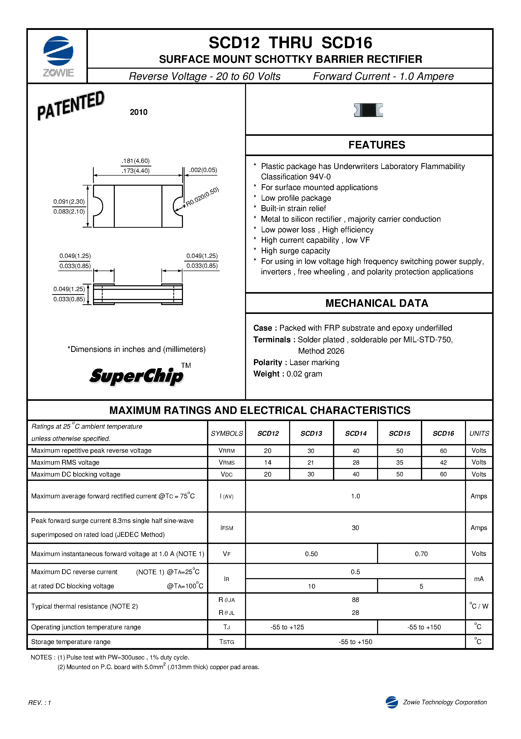 Datasheet SCD12 page 1 Datasheet SCD12 - (SCD12 - SCD16) SURFACE MOUNT SCHOTTKY BARRIER RECTIFIER page 1