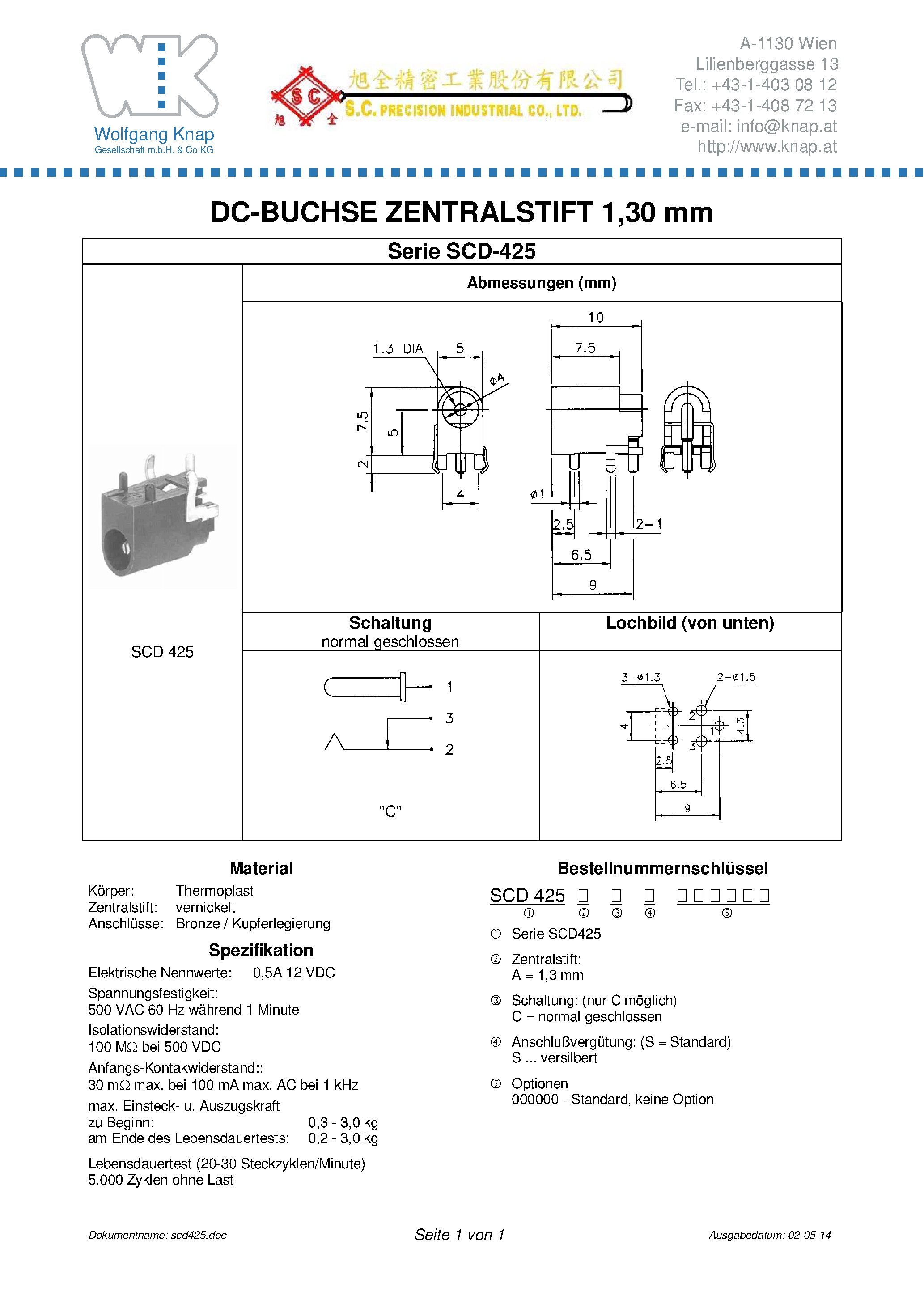 Datasheet SCD-425 - DC BUCHSE ZENTRALSTIFT 1.30 MM page 1