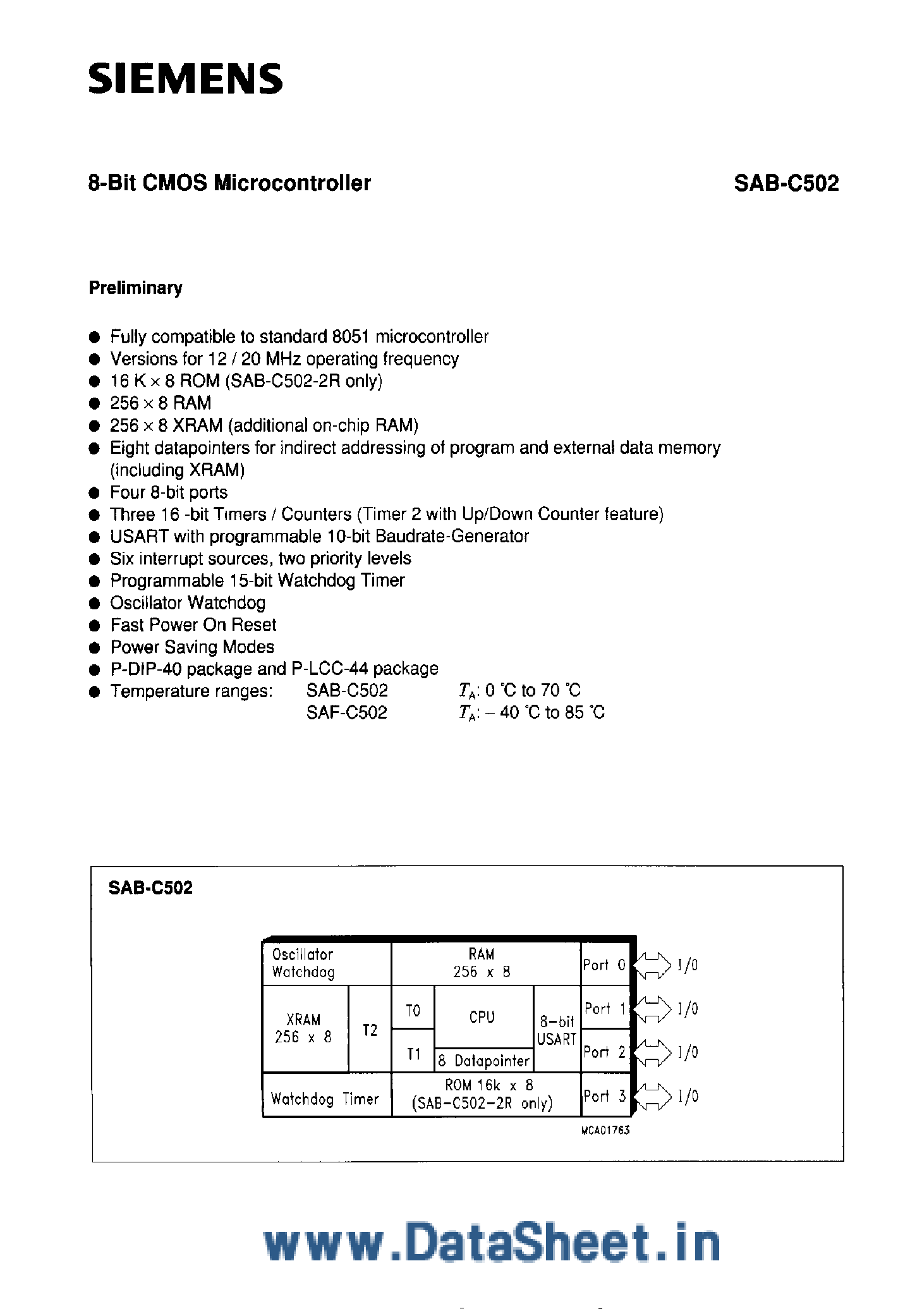 Даташит SAF-C502 - 8-Bit MICROCONTROLLER страница 1