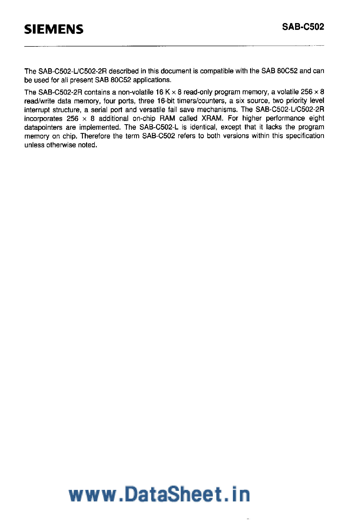 Даташит SAF-C502 - 8-Bit MICROCONTROLLER страница 2