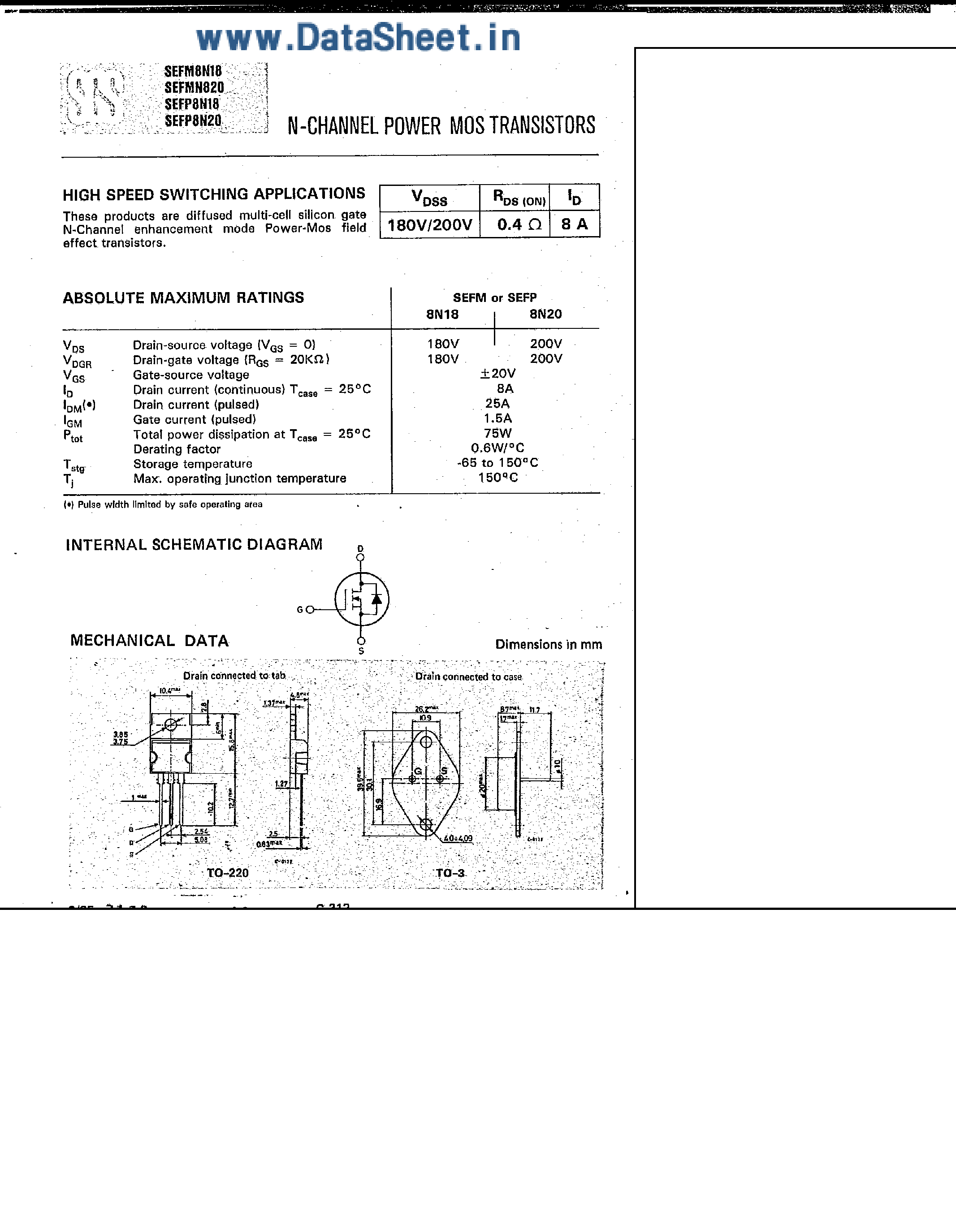 Datasheet SEFP8N18 - N-Channel Power MOS Transistors page 1