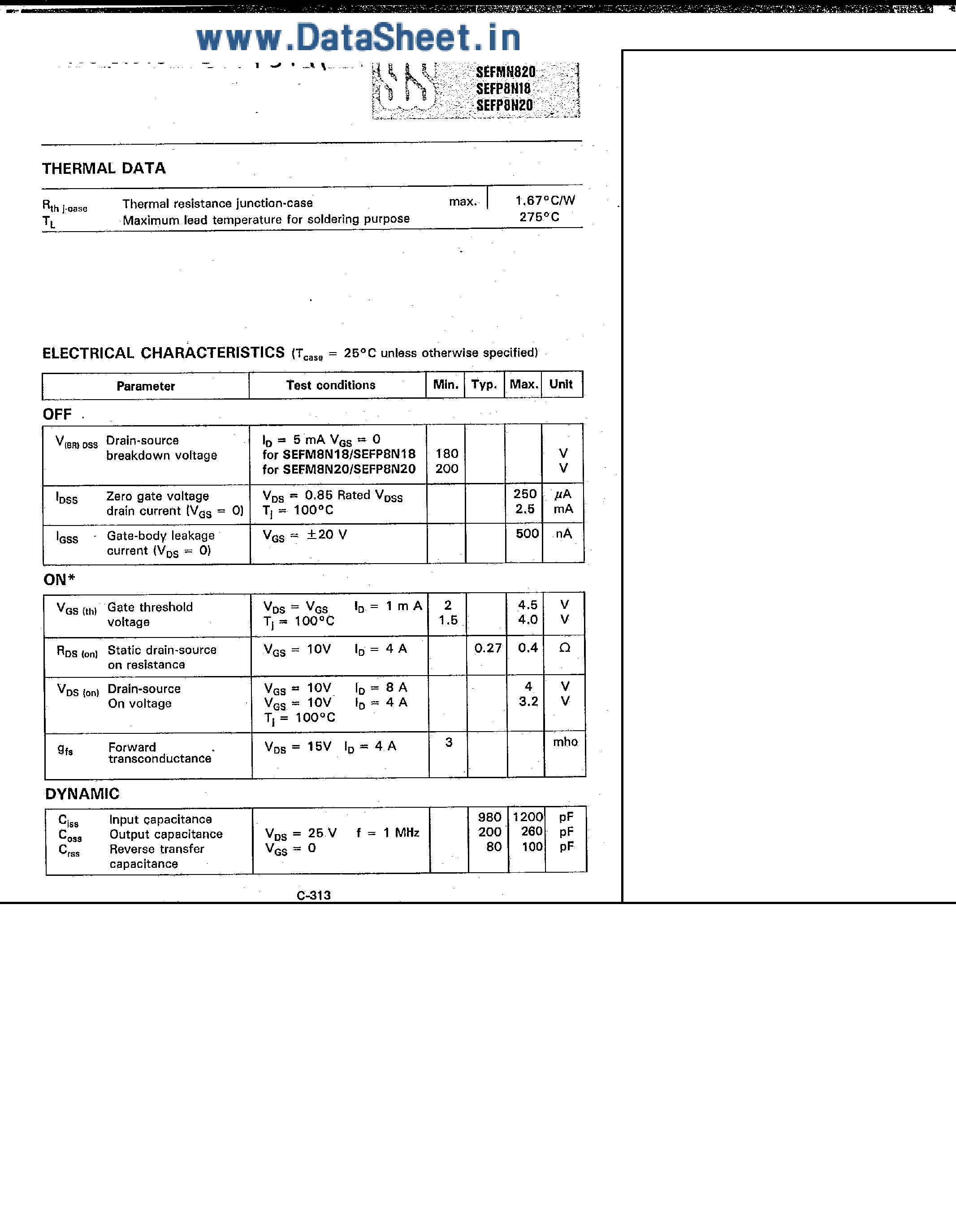 Datasheet SEFP8N18 - N-Channel Power MOS Transistors page 2