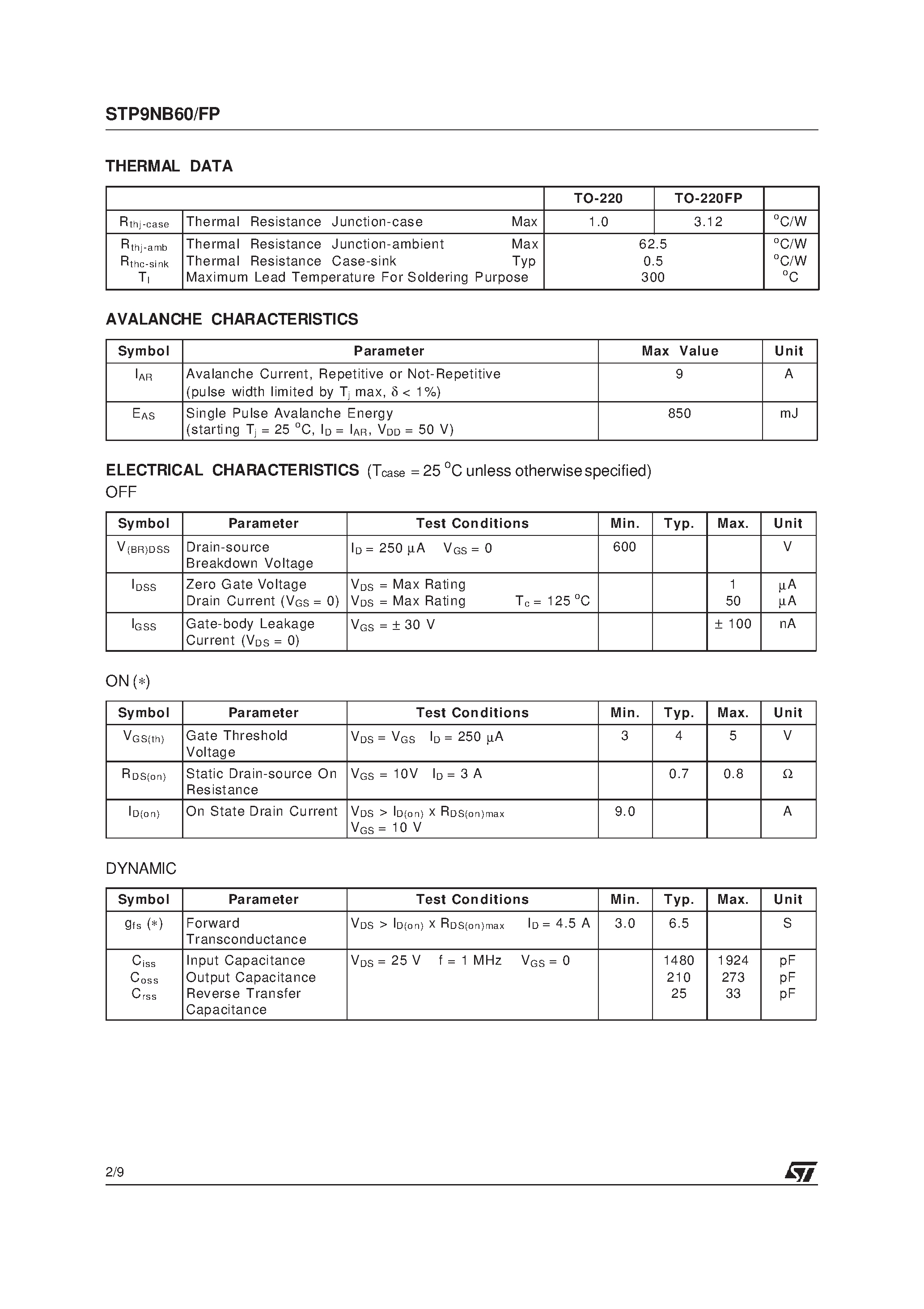 Datasheet P9NB60FP page 2 Datasheet P9NB60FP - Search ---> STP9NB60FP page 2