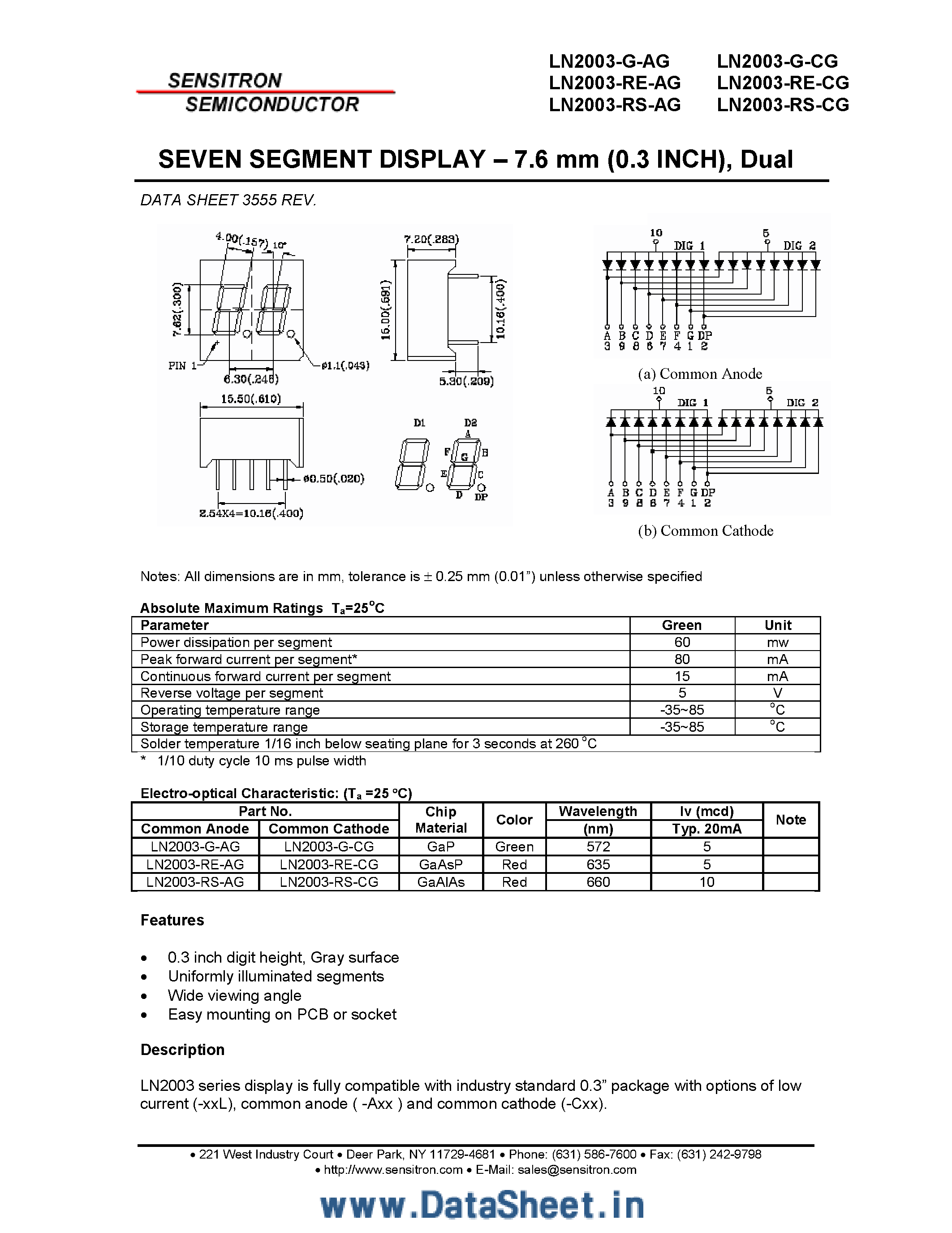 Datasheet LN2003 - 7 Segment Display page 1