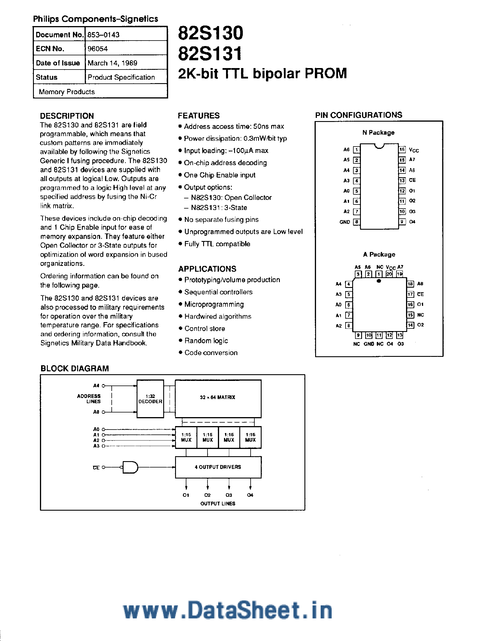 Datasheet 82S130 - (82S130 / 82S131) 2K-bit TTL Bipolar PROM page 1