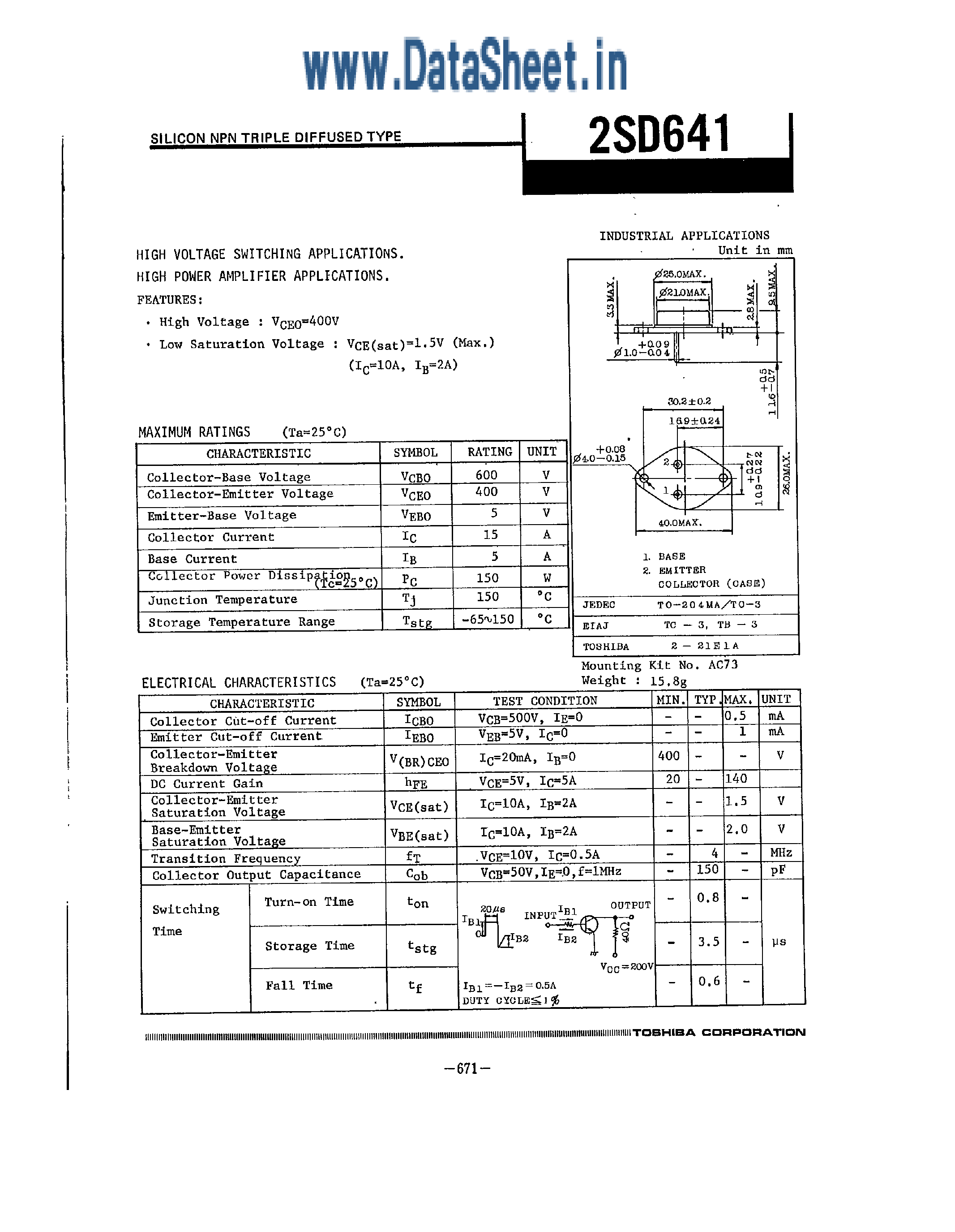 Даташит 2SD641 - High Voltage Switching Applications страница 1