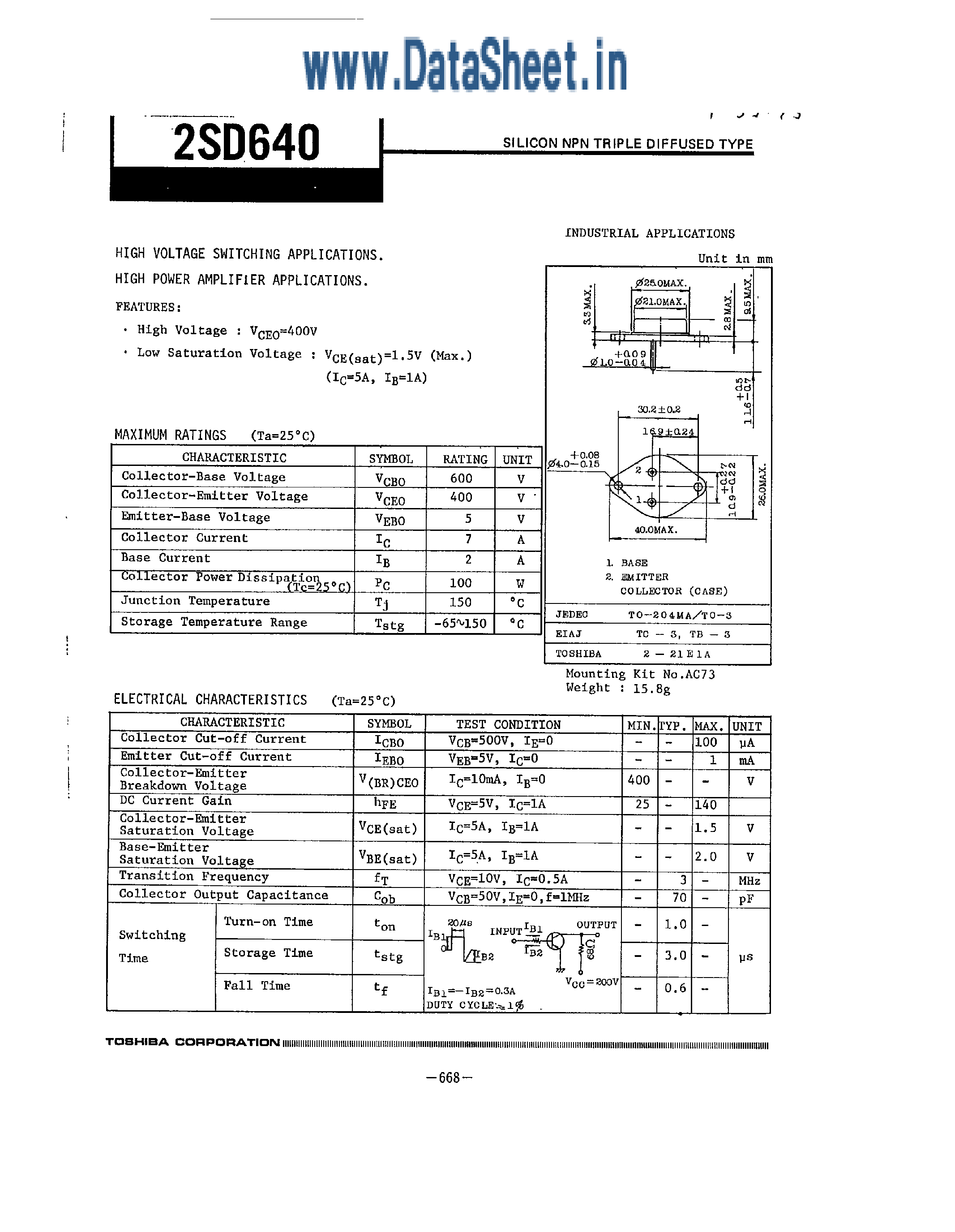 Даташит на микросхему 2SD640 страница 1 Даташит 2SD640 - High Voltage Switching Applications страница 1