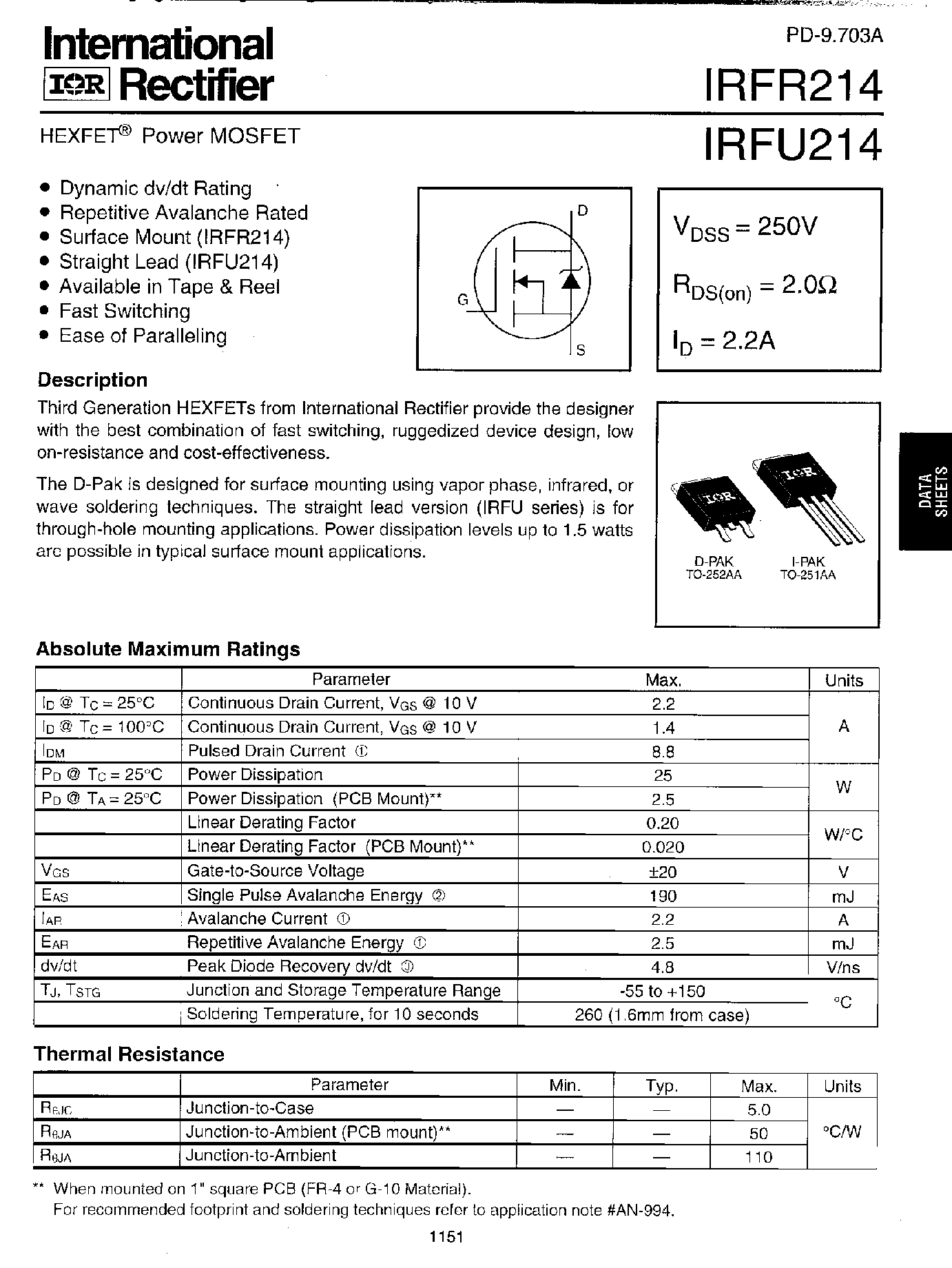 Datasheet IRFR214 - Power MOSFET page 1