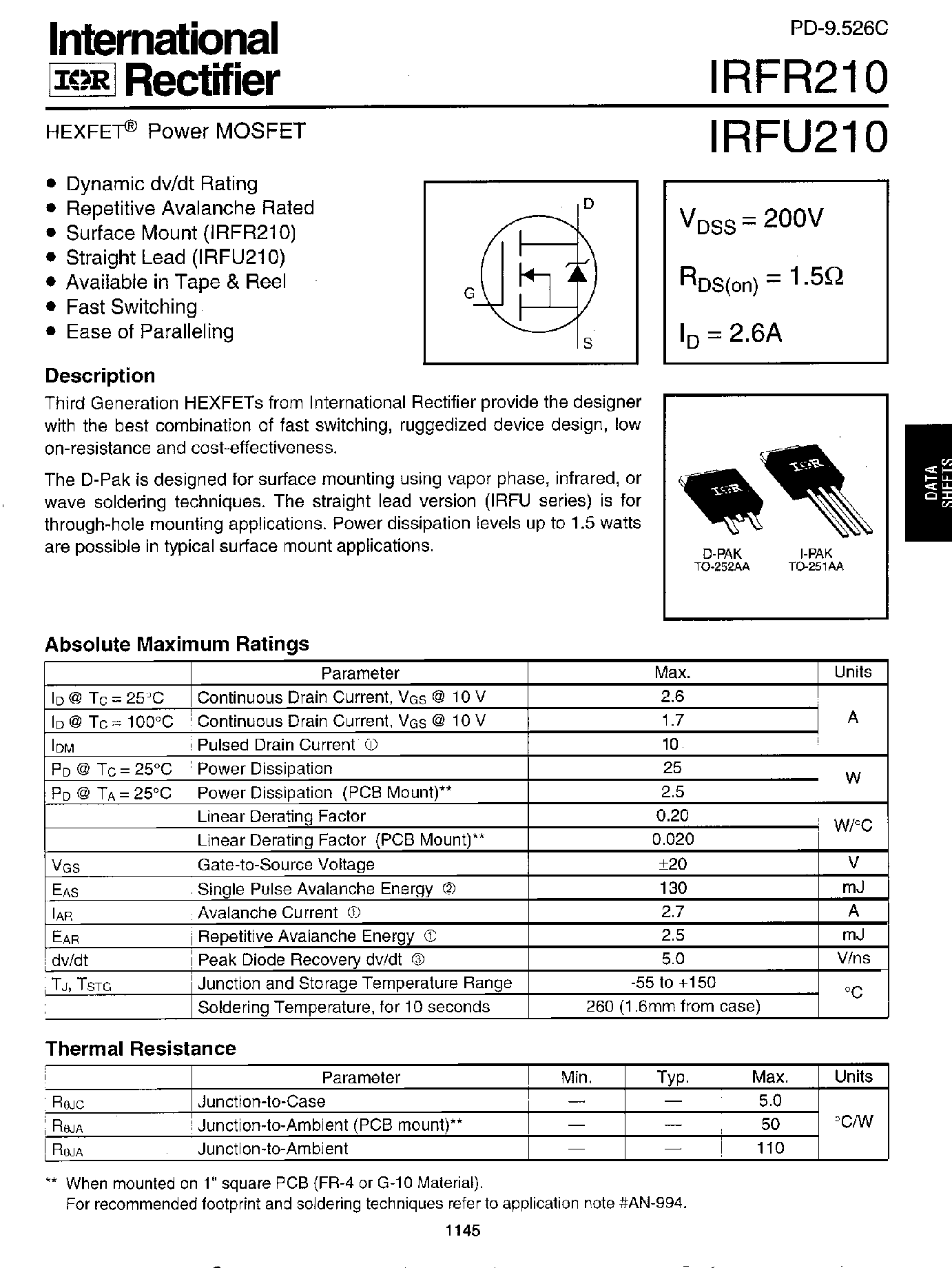 Datasheet IRFR210 - Power MOSFET page 1
