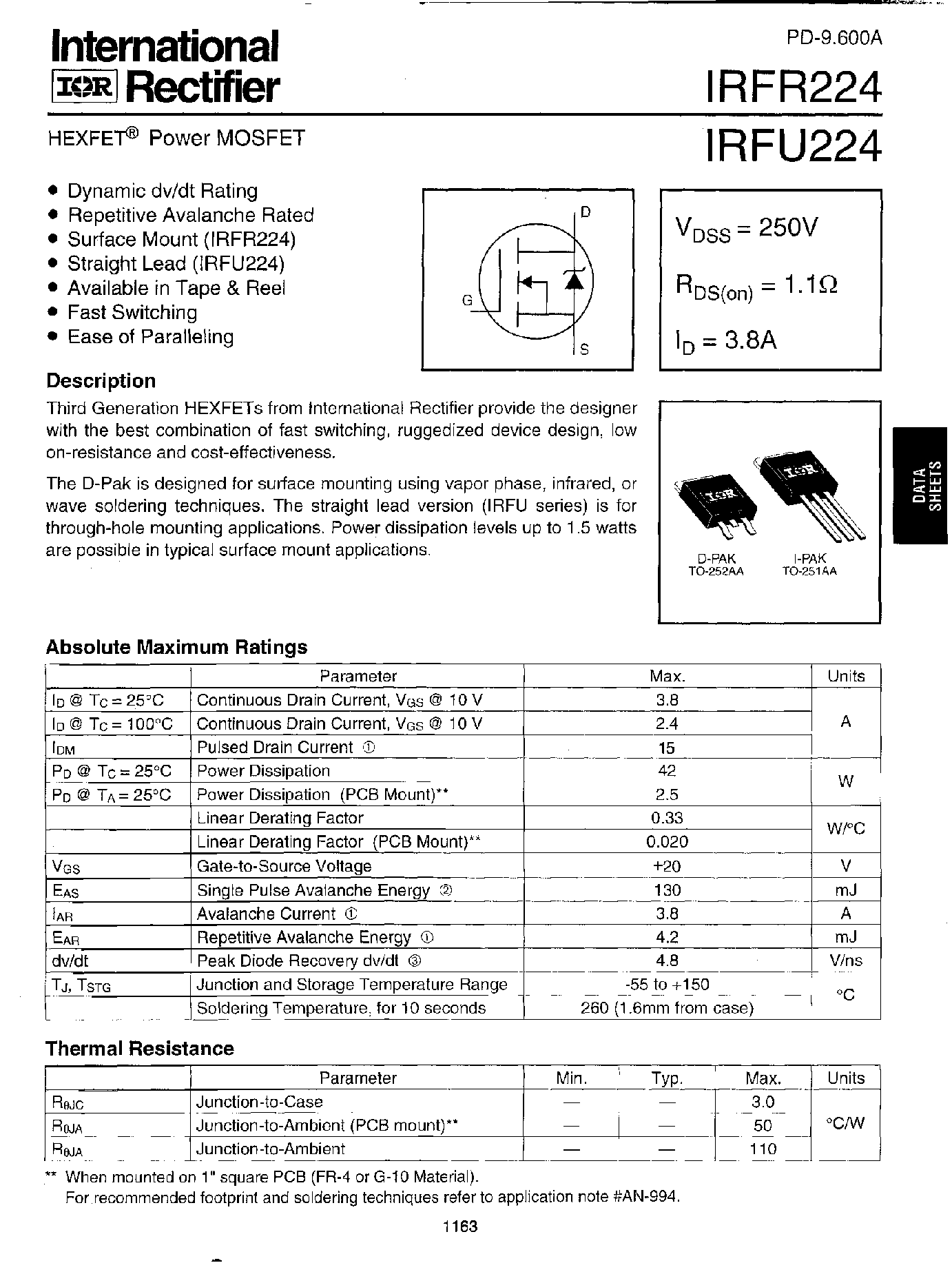 Datasheet IRFR224 - Power MOSFET page 1