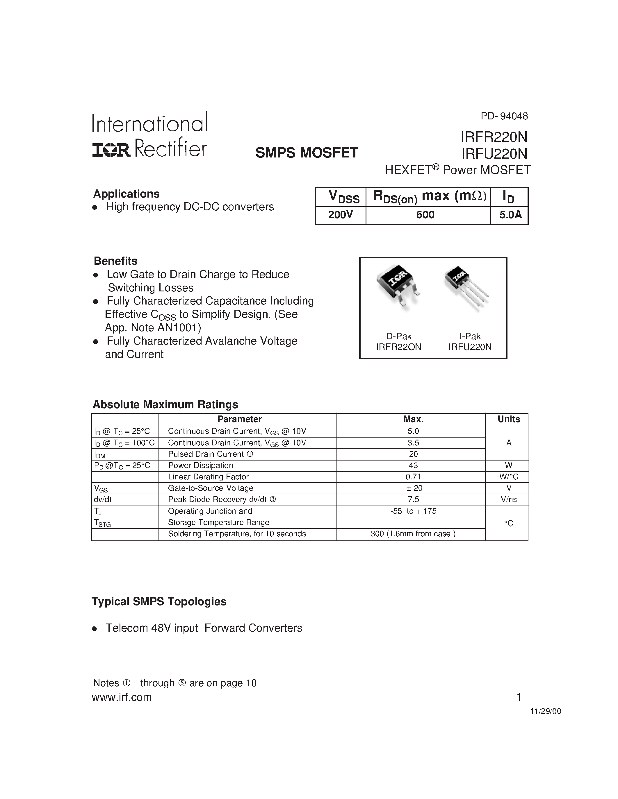 Datasheet IRFR220N - Power MOSFET page 1