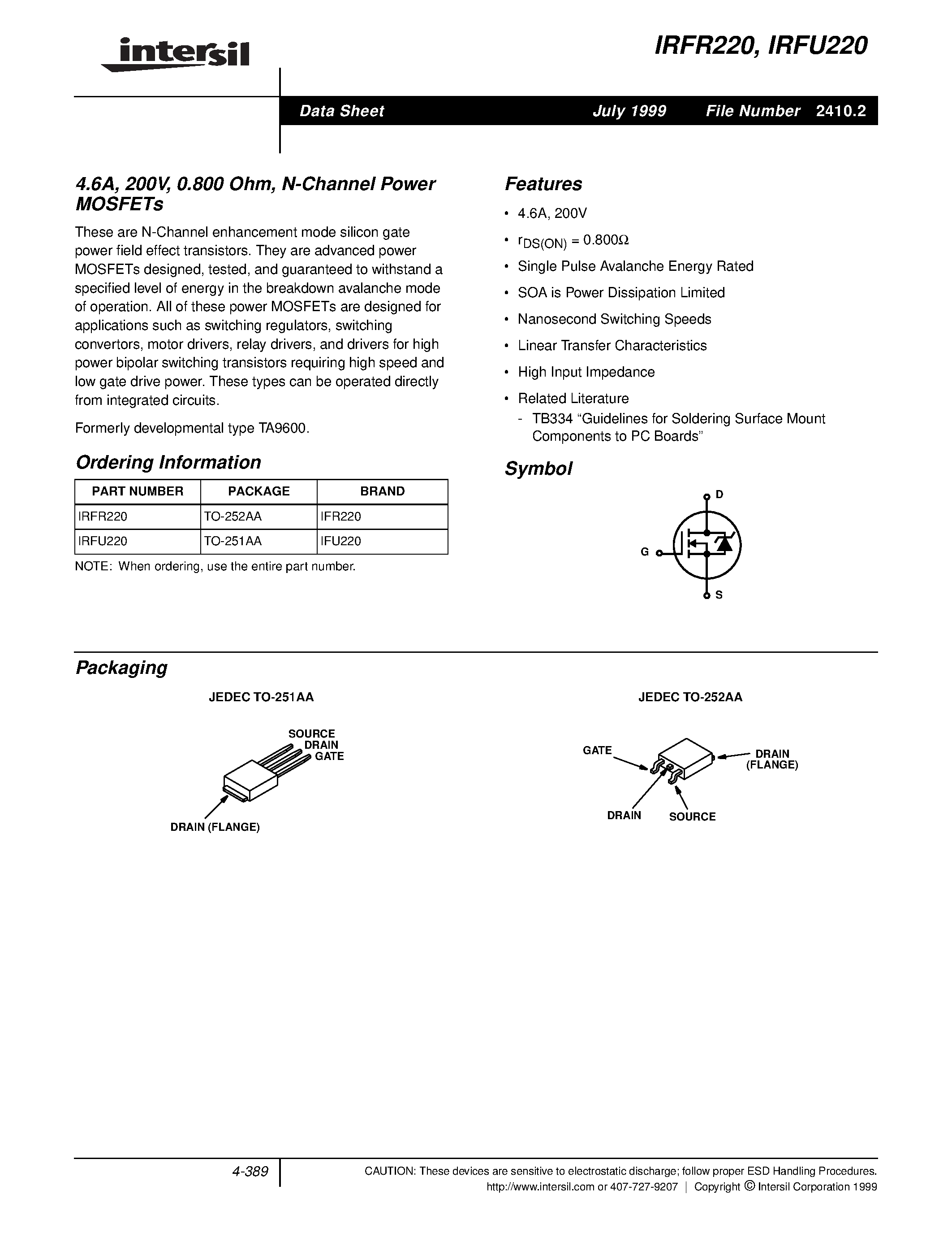 Datasheet IRFR220 page 1 Datasheet IRFR220 - N-Channel Power MOSFETs page 1