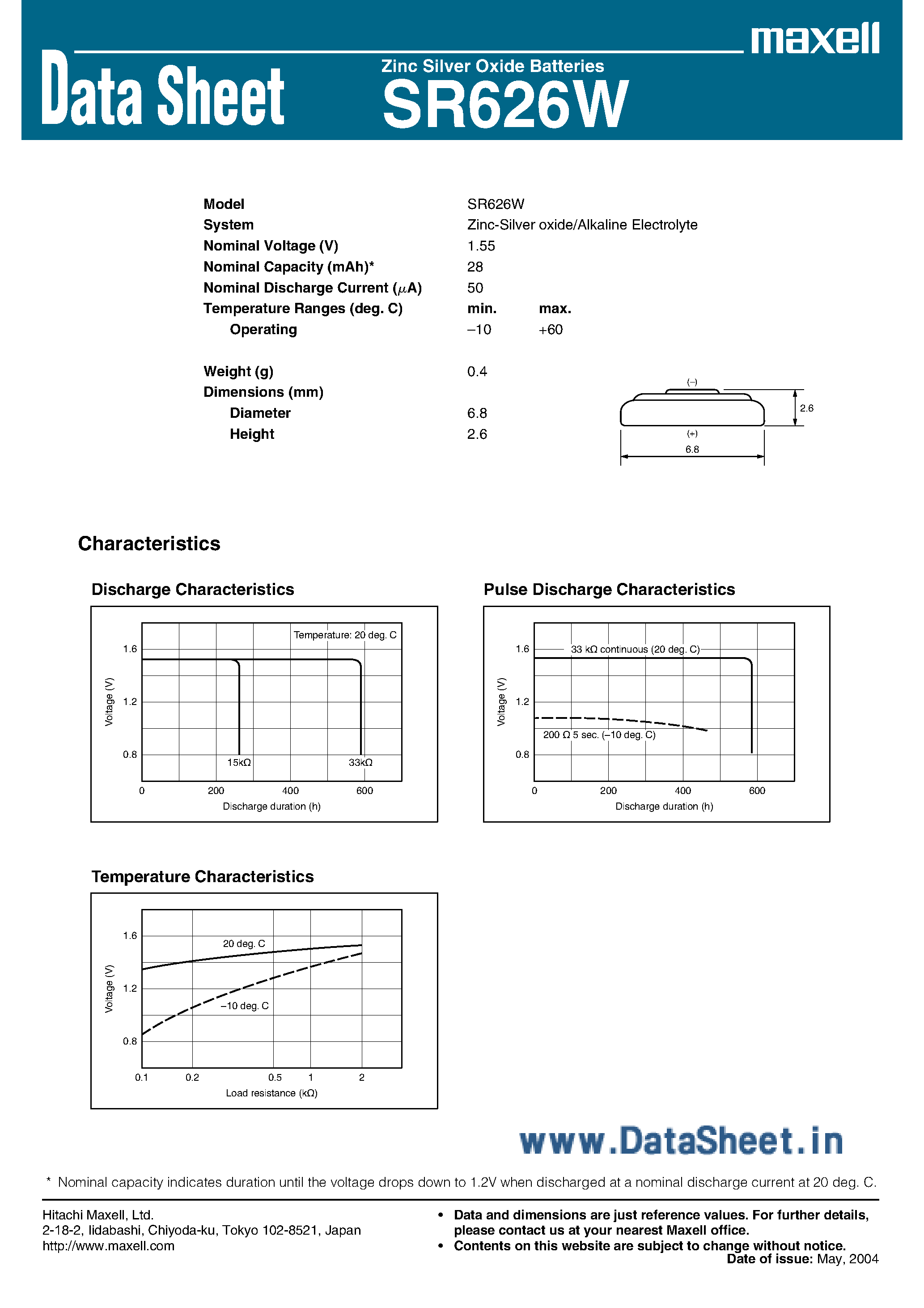 Datasheet SR626W - Zinc Silver Oxid Batteries page 1