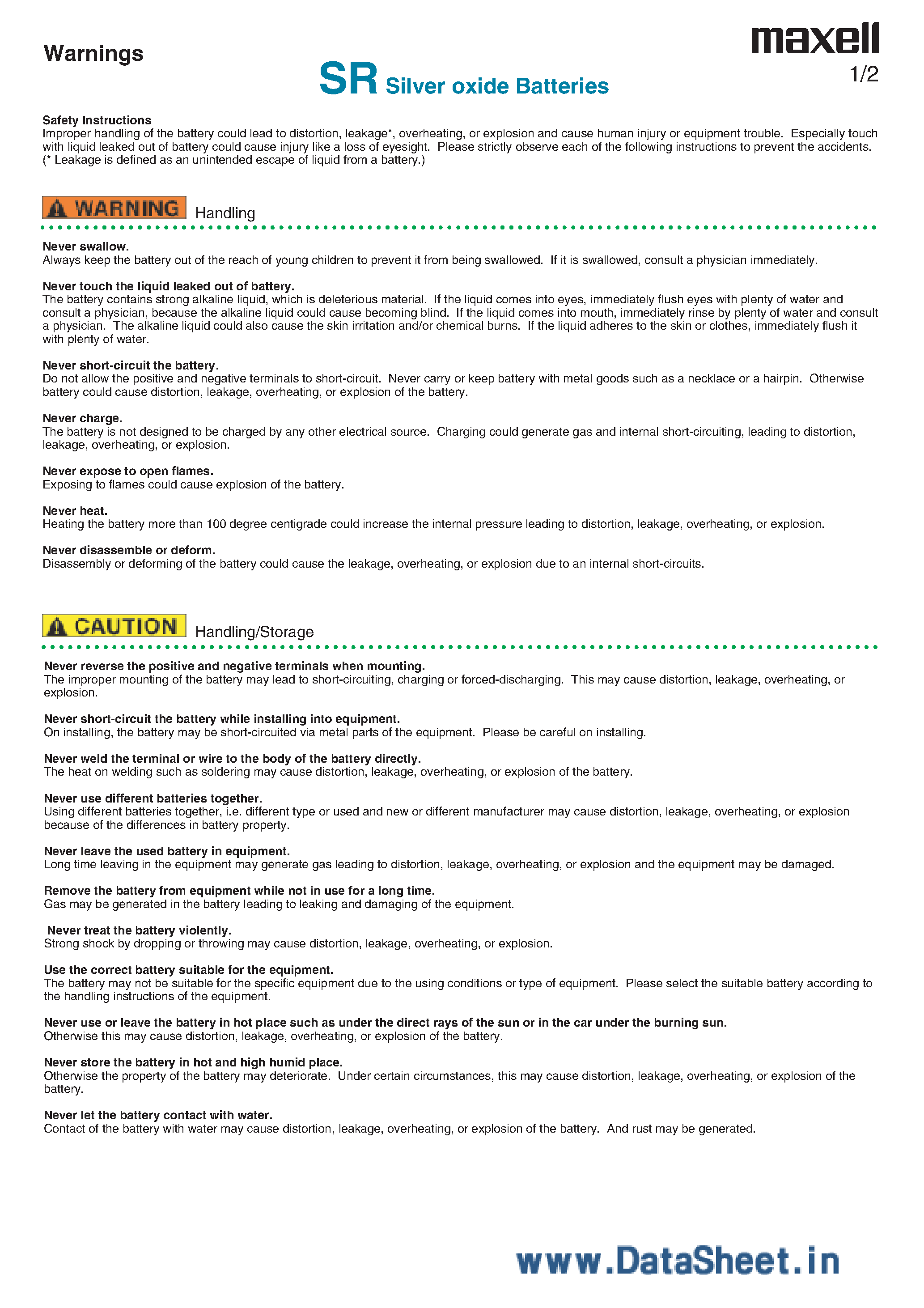 Datasheet SR626W - Zinc Silver Oxid Batteries page 2