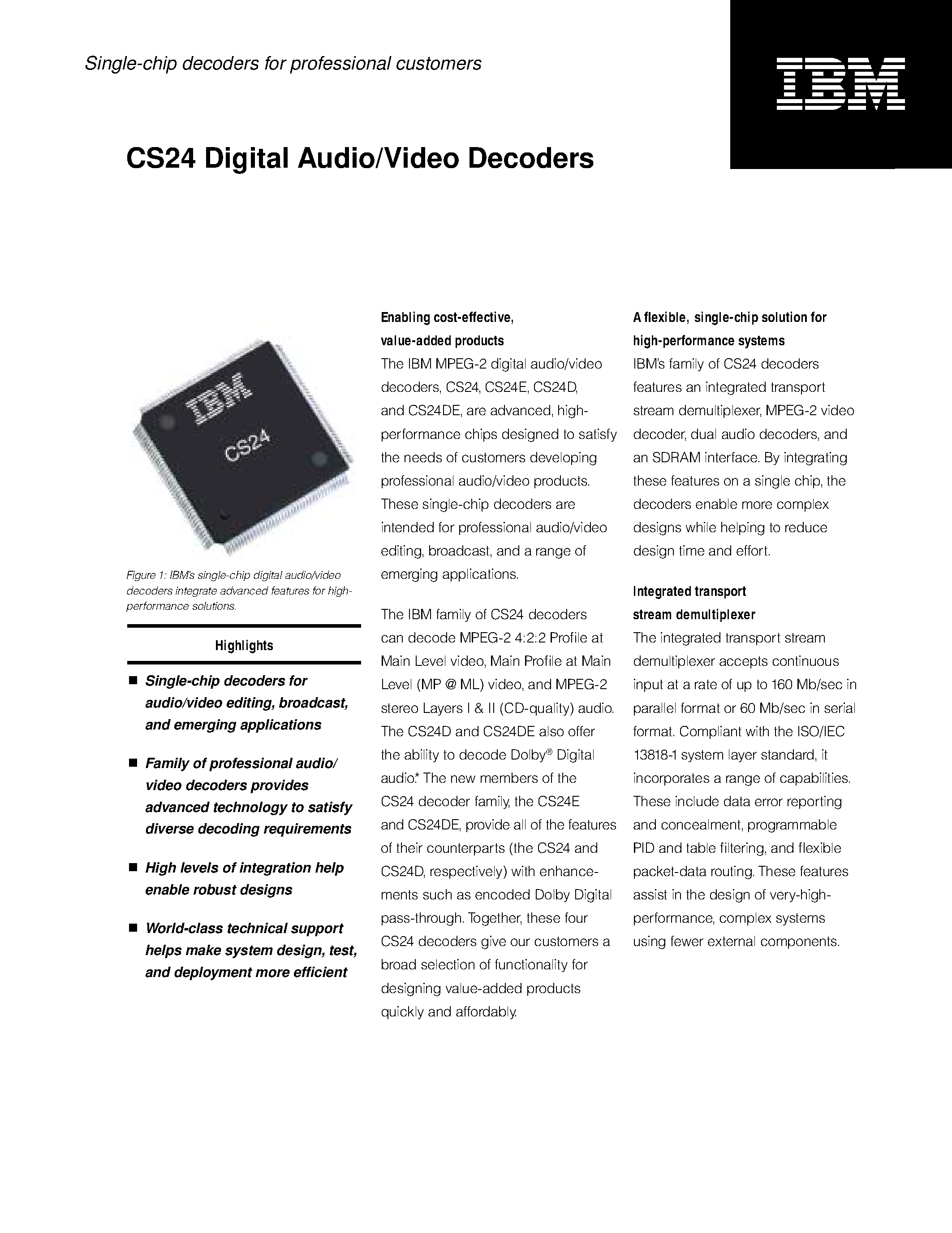 Datasheet IBM39MPEGCS24 - CS24 Digital Audio/Video Decoders page 1