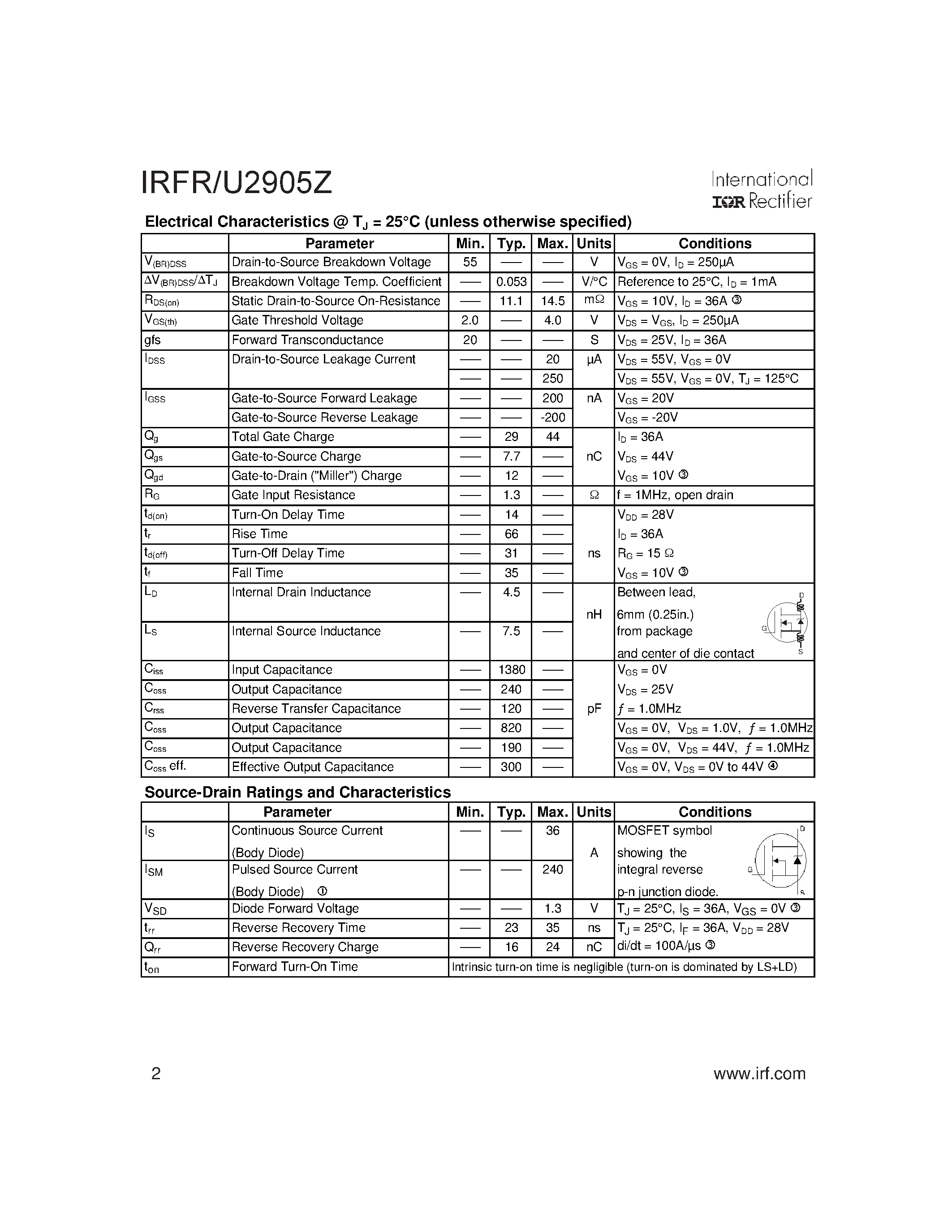 Datasheet IRFR2905Z - AUTOMOTIVE MOSFET page 2
