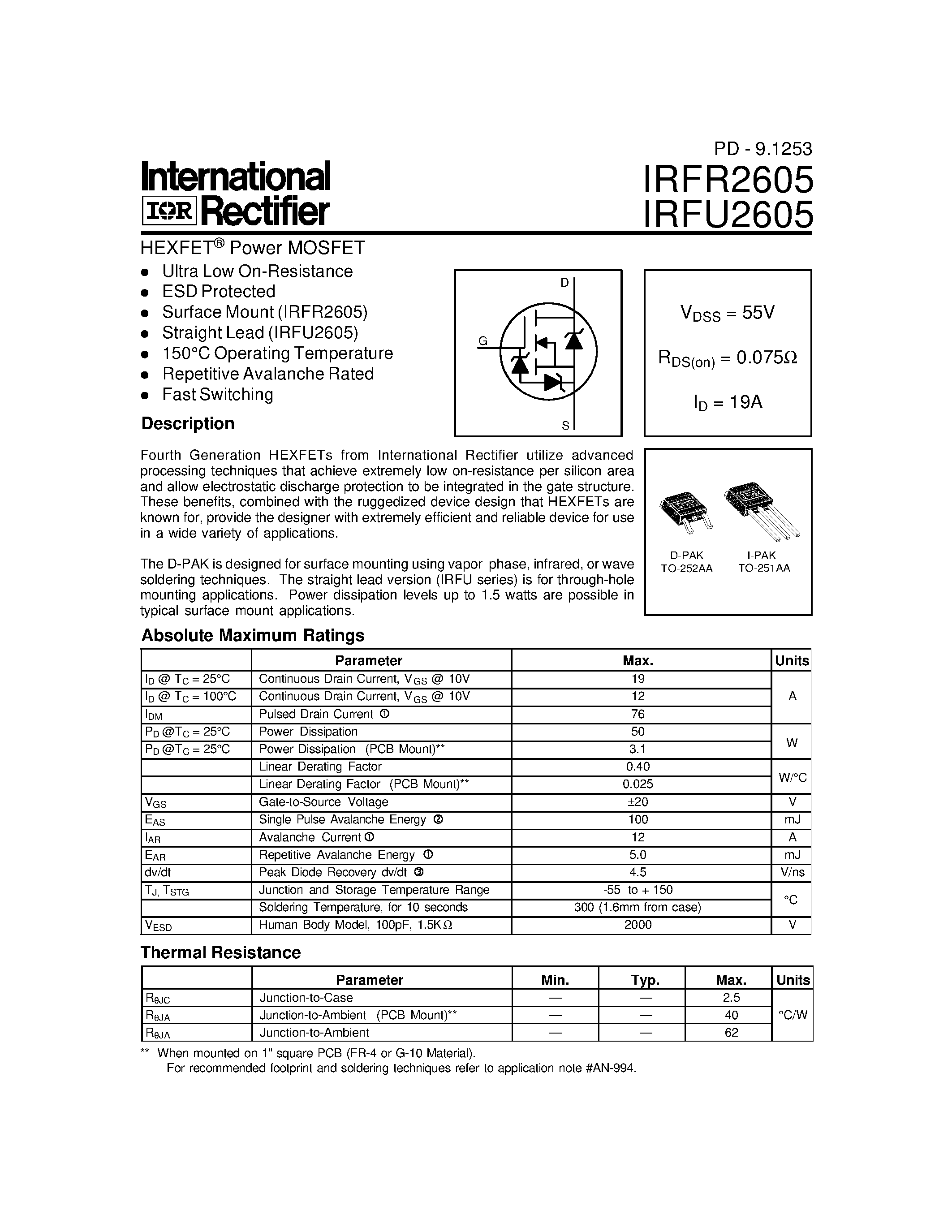 Datasheet IRFR2605 - Power MOSFET page 1