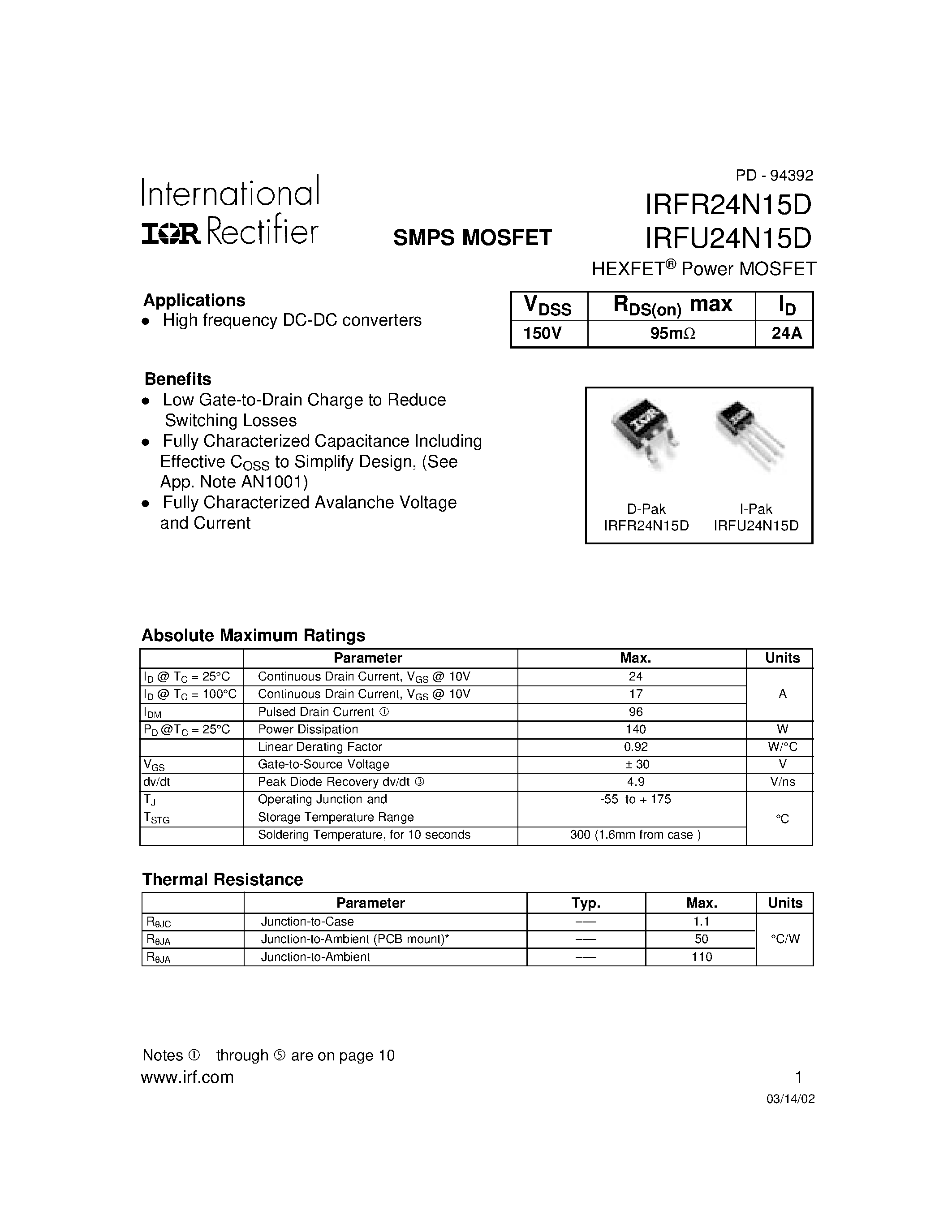 Datasheet IRFR24N15D - SMPS MOSFET page 1